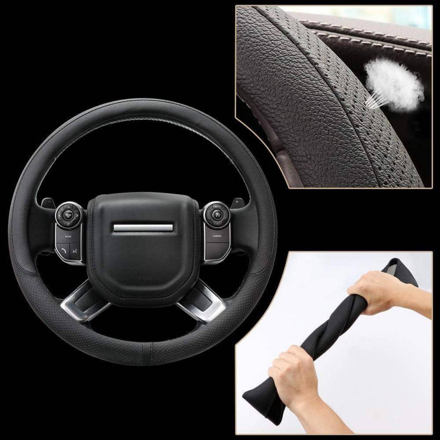 Lenkradabdeckung aus Auto mit strukturierter lederähnlicher Oberfläche, gezeigt mit Nahaufnahme der Naht und Händen, die die elastische Abdeckung zur Installation dehnen.