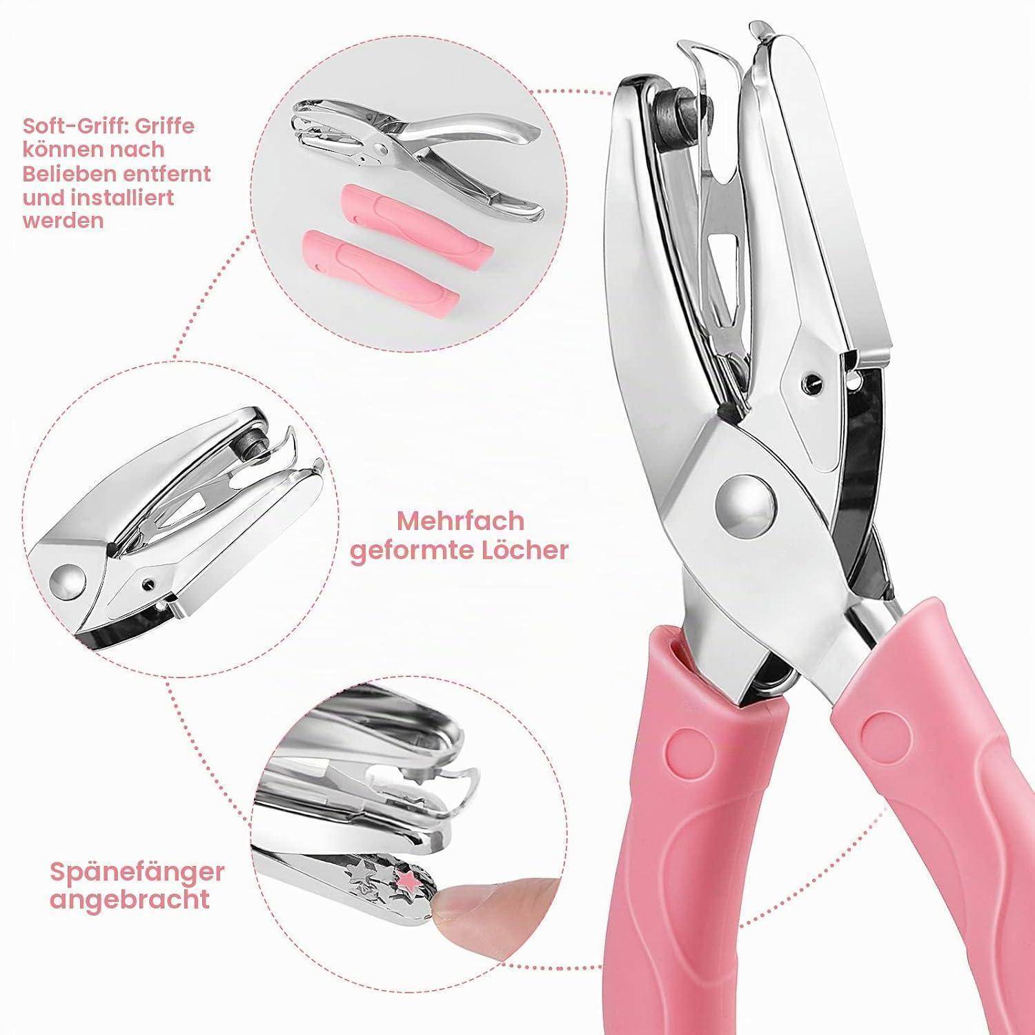 Lochwerkzeug mit rosa Griff aus Metall, dargestellt mit eingefügten Nahaufnahmen, die abnehmbare weiche Griffe, mehrere Lochformen und einen Span-/Abfallbehälter hervorheben; deutsche Funktionsetiketten enthalten.