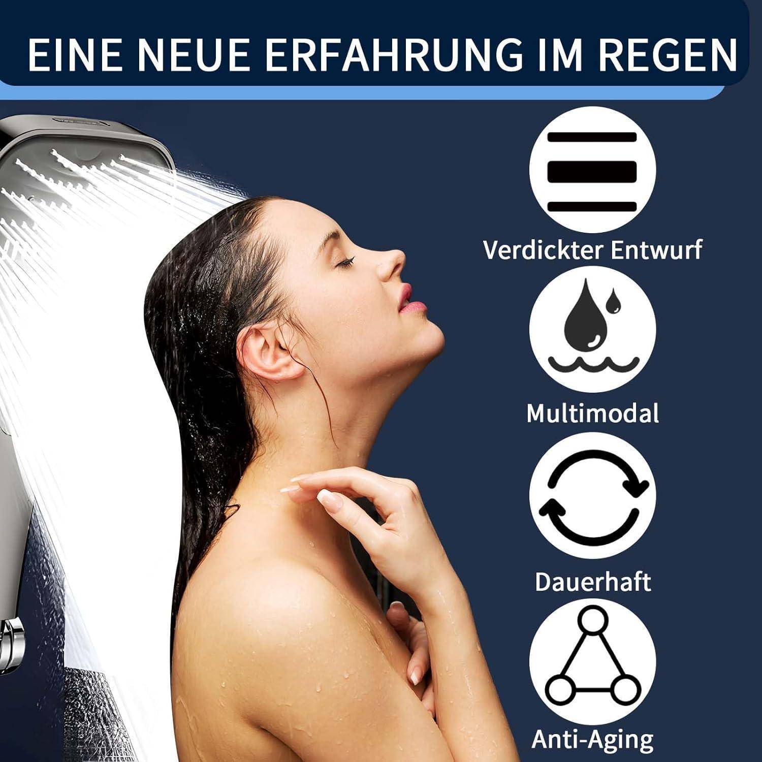 Duschbrause mit 8 Strahlarten & Stoppfunktion – Große Regendusche Handbrause, wassersparend, Brausekopf für Dusche, hoher Wasserdruck, ergonomisch