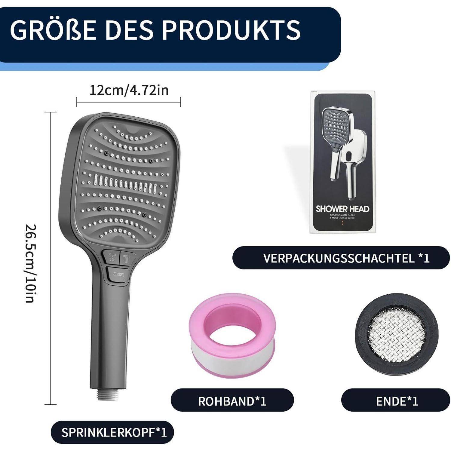 Duschbrause mit 8 Strahlarten & Stoppfunktion – Große Regendusche Handbrause, wassersparend, Brausekopf für Dusche, hoher Wasserdruck, ergonomisch
