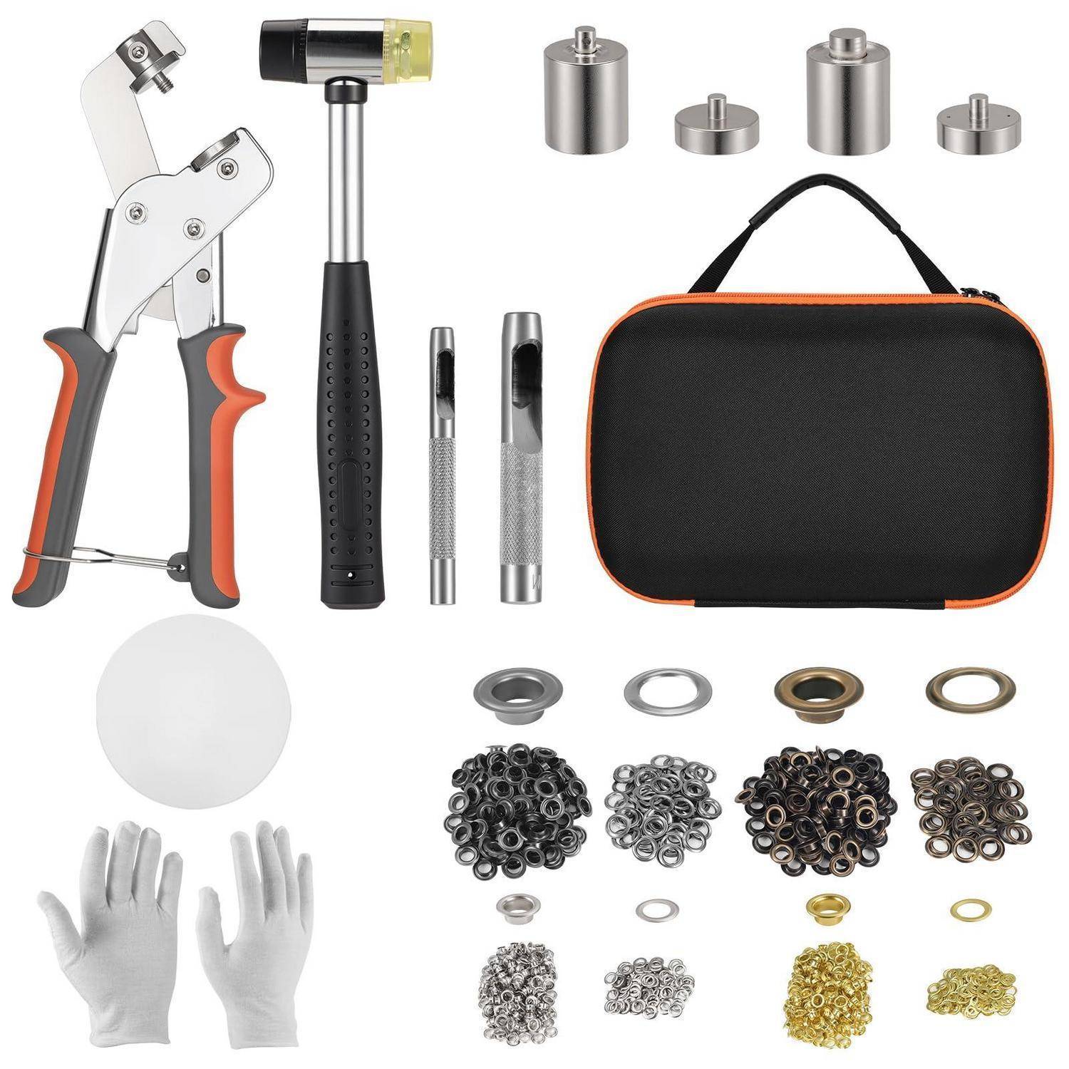 Werkzeugsatz zum Installieren von Druckknöpfen und Ösen, einschließlich Zange, Hammer, Matrizen, Punzen, Tragetasche, Handschuhe und verschiedenen Befestigungselementen.