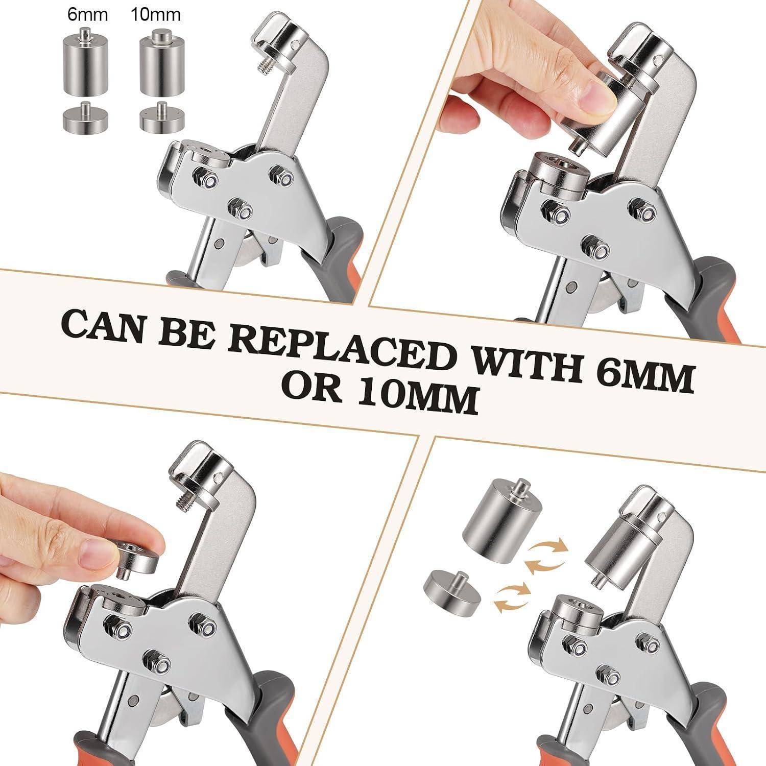 Mehrpaneliges Produktbild, das ein Stanzwerkzeug mit austauschbaren 6-mm- oder 10-mm-Stempeln zeigt, beschriftet mit „KANN DURCH 6-MM- ODER 10-MM-STEMPEL ERSETZT WERDEN".