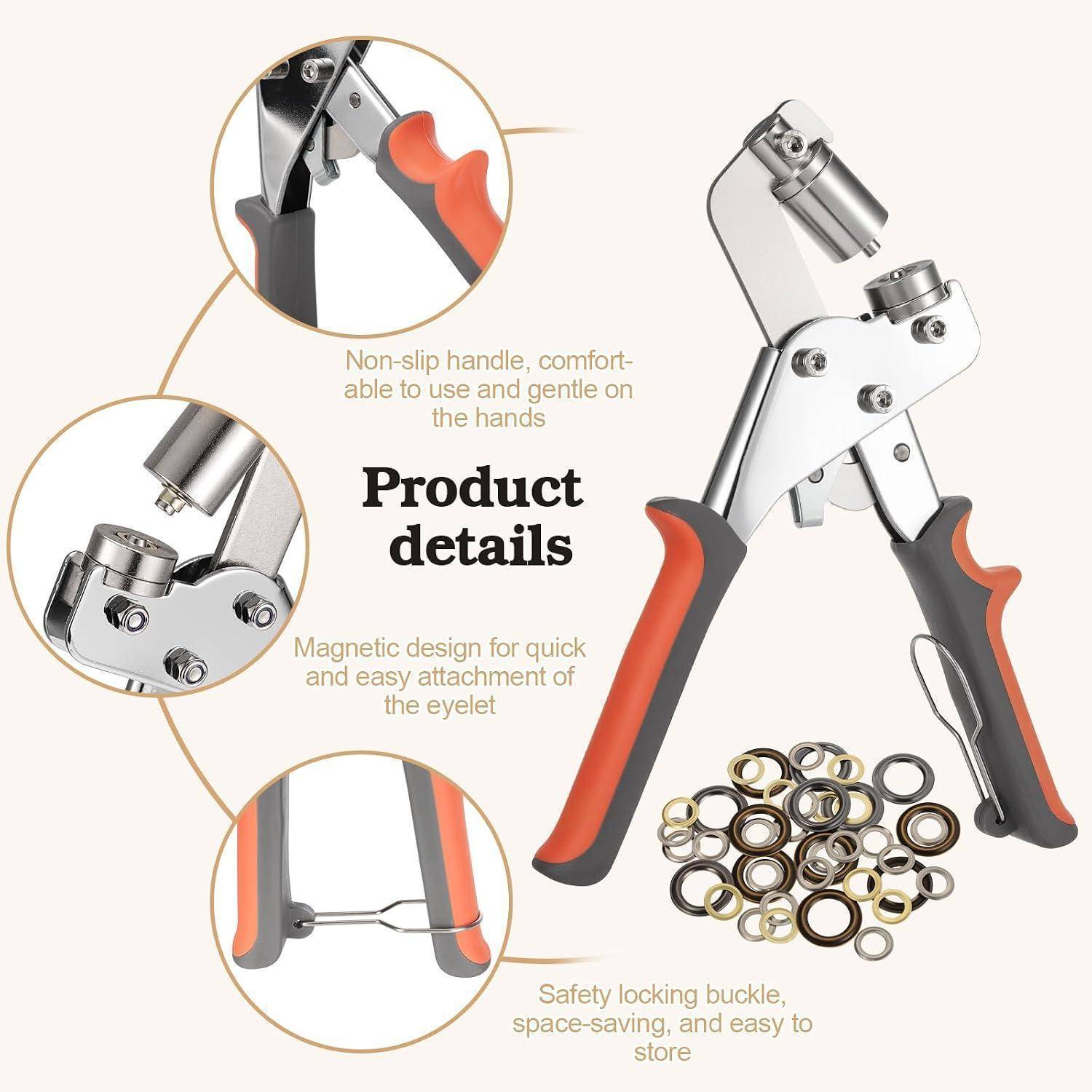 Produktdetails einer tragbaren Ösenquetscher mit rutschfesten Griffen, magnetischem Schnellwechselsystem, Sicherheitsverriegelung und einem Vorrat an Metall-Ösen.