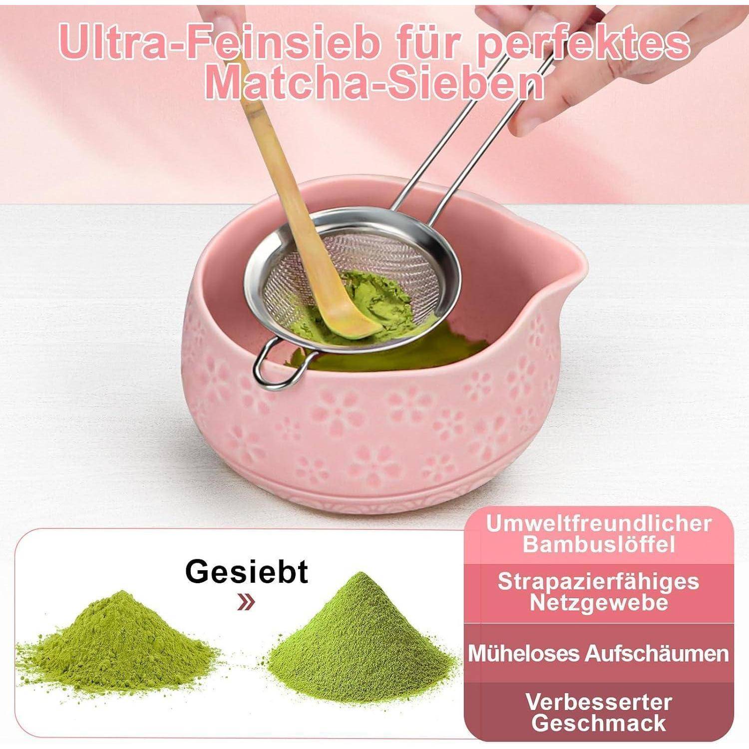 Rosa Matcha-Siebschale mit feinem Maschensieb und Schneebesen, gekennzeichnet als ultrafeines Sieb für perfektes Matcha-Sieben; hebt umweltfreundliche Bamboosfaser, langlebiges Maschensieb, müheloses Aufschäumen und verbesserten Geschmack hervor.