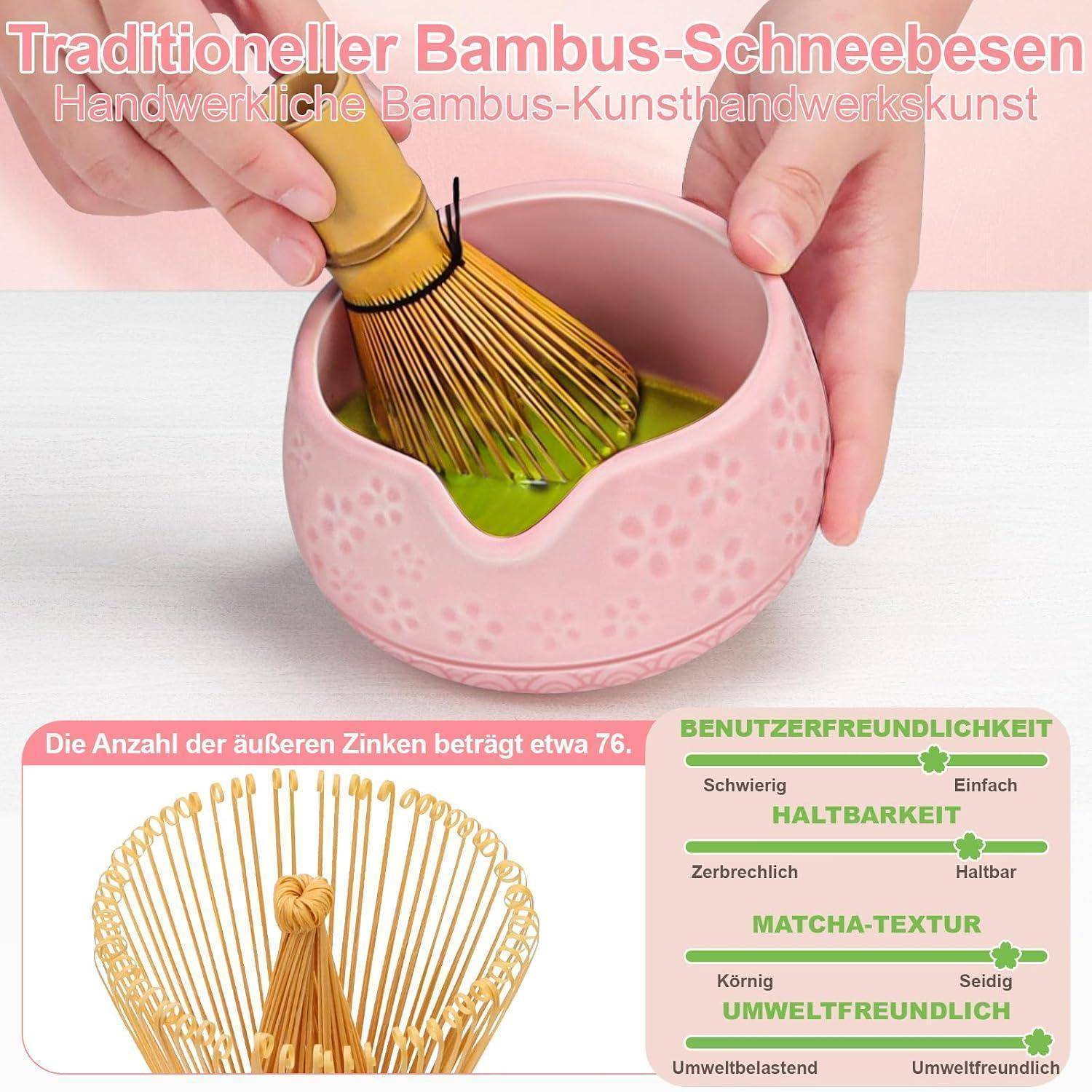 Matcha Set, 10 Stück Matcha Tee Set Rosa Matcha Schale mit Ausgießer, Matcha Besen, Bambus Löffel, Sieb, Besenhalter aus Keramik Geschenk für Matc