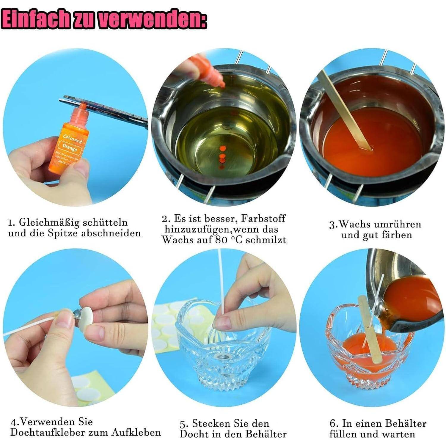 Ronoza® Kerzenwachs Farbe – 6 Farben Kerzenfarbe für DIY-Kerzen, Gelwachs, Paraffinwachs und Bienenwachs, zum Gießen, je 10 ml