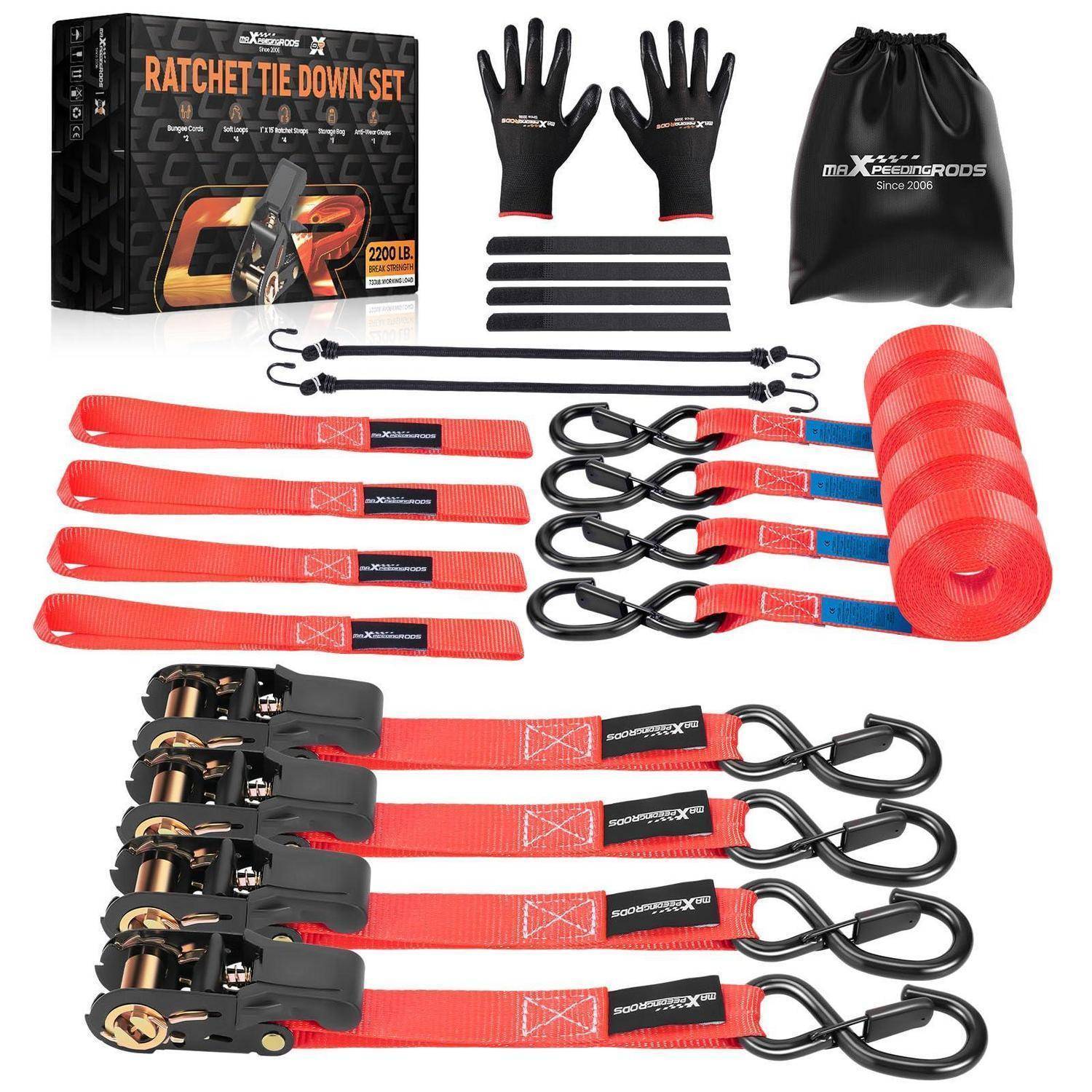 Ratschenspannset mit vier roten Riemen, schwarzen Ratschenschnallen, Haken, Handschuhen, Aufbewahrungstasche und Verpackungskarton.