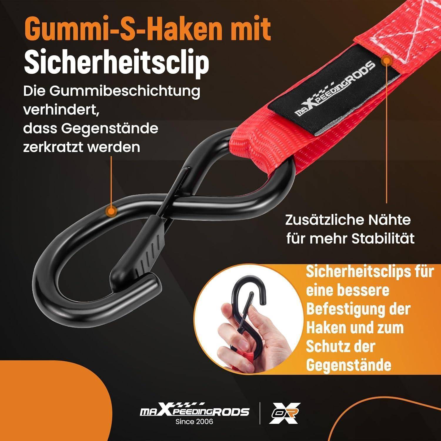 Schwarzer gummibeschichteter S-Haken mit angebrachtem Sicherheitsverschluss an einem roten Riemen, auf Deutsch gekennzeichnet als Kratzer verhütend und sichere Befestigung verbessernd.