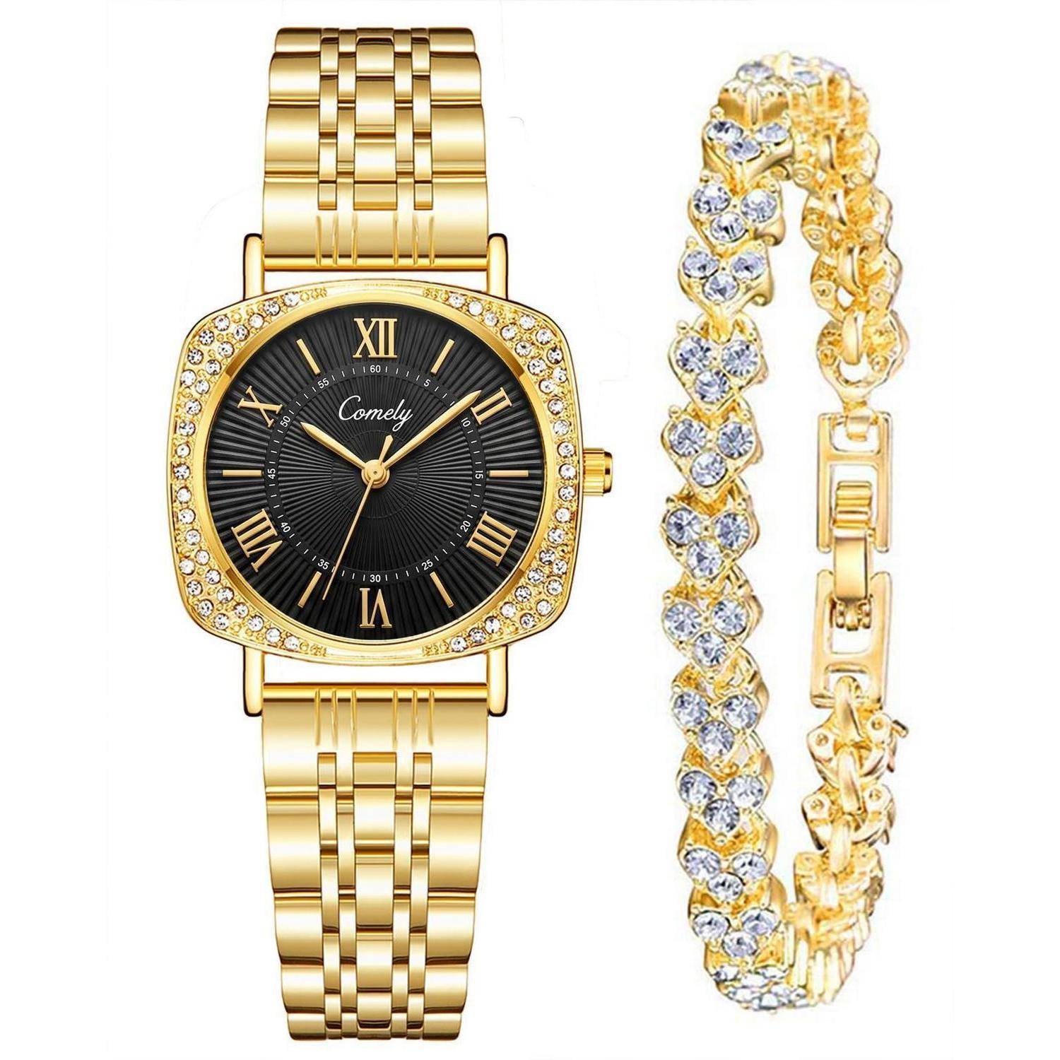 Goldene Damenuhr mit schwarzem Zifferblatt mit römischen Ziffern und Kristallbezel, dargestellt neben einem passenden goldenen Tennisarmband mit klaren Steinen.