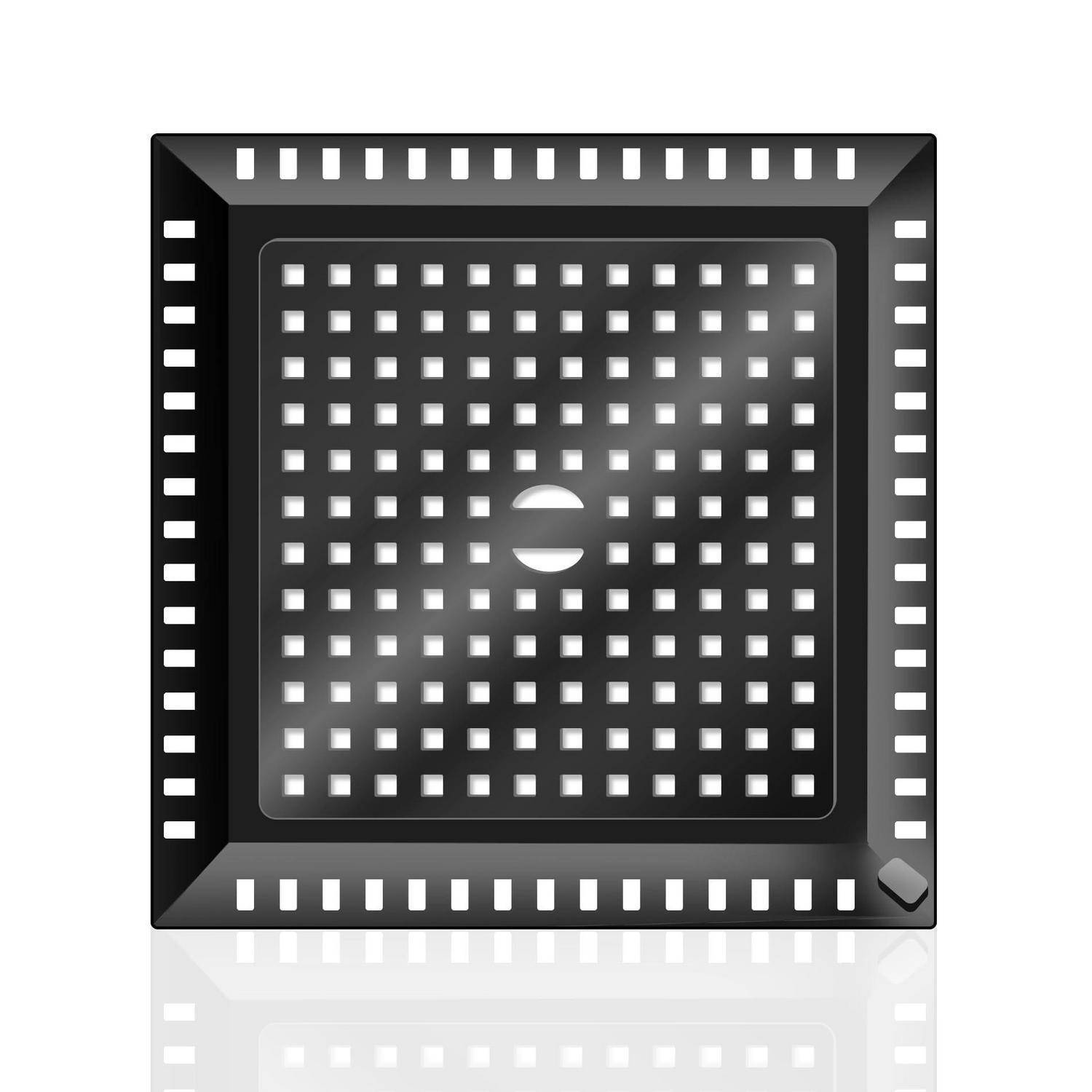 Nahaufnahme eines quadratischen schwarzen Mikrochips oder Prozessors mit einem Raster aus winzigen weißen Kontaktpunkten und einer zentralen kreisförmigen Markierung, gezeigt auf weißem Hintergrund mit einer Reflexion.