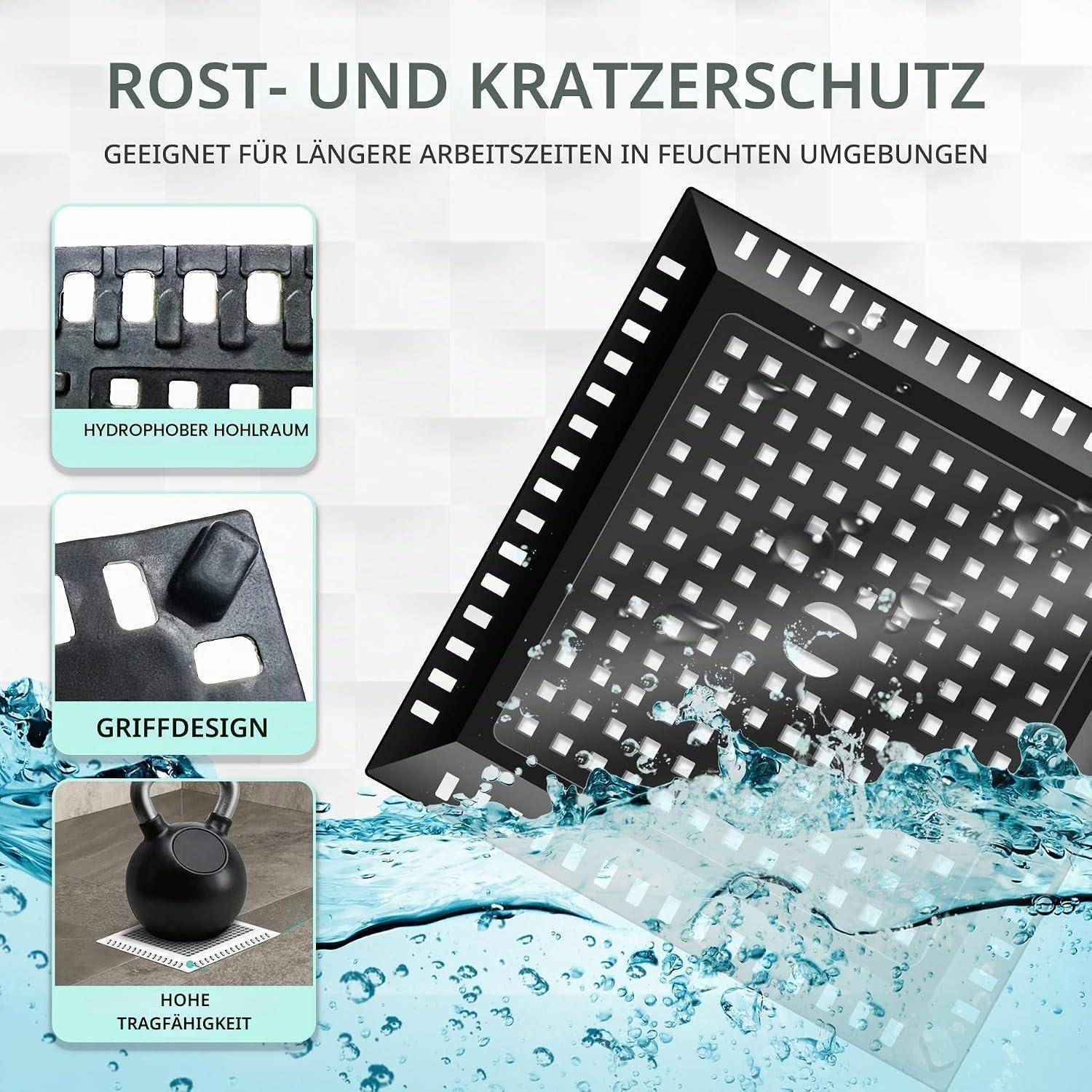 Werbegrafik für ein schwarzes durchbrochenes Tablett oder Panel, das Rost- und Kratzschutz für längere Nutzung in feuchten Umgebungen zeigt, mit drei Funktionsbeschriftungen: „hydrophober Hohlraum", „Griffdesign"" und „hohe Tragfähigkeit"".