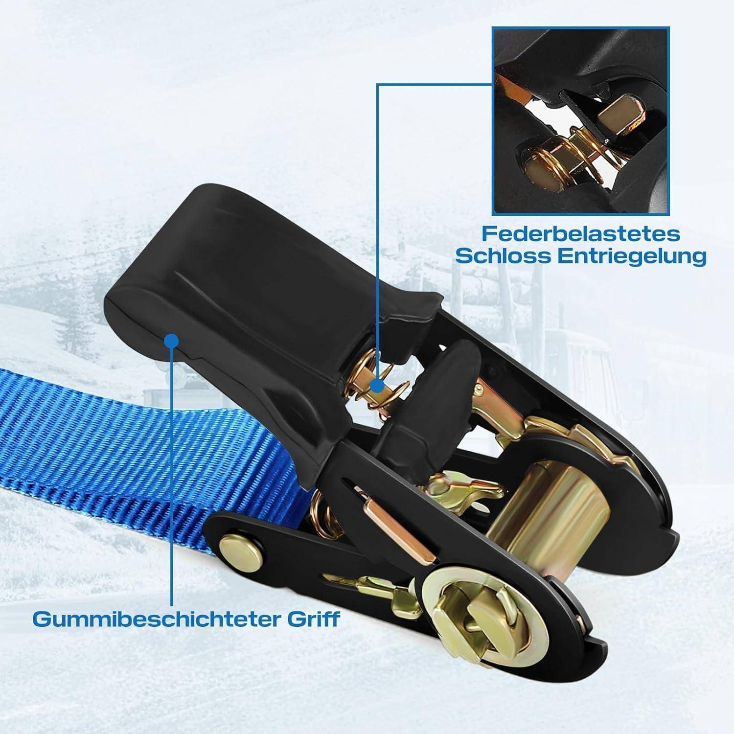 Ratschenschnallengurt mit gummiummantelte Griff und federbelasteter Verschlussfreigabe, gezeigt mit beschrifteter Nahaufnahme des Mechanismus.