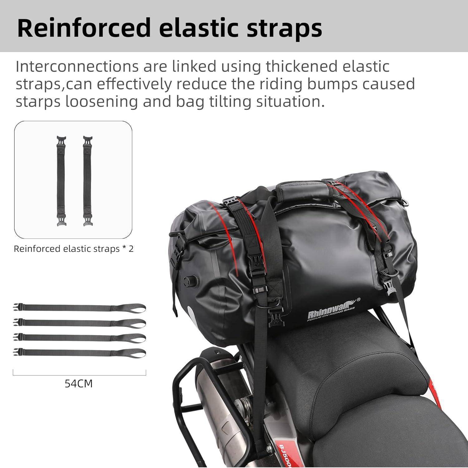 Illustration einer Motorradtasche mit verstärkten elastischen Gurten, die zeigt, dass dickere Gurte Fahrstöße reduzieren und ein Kippen der Tasche verhindern; Gurtlänge von 54 cm dargestellt.
