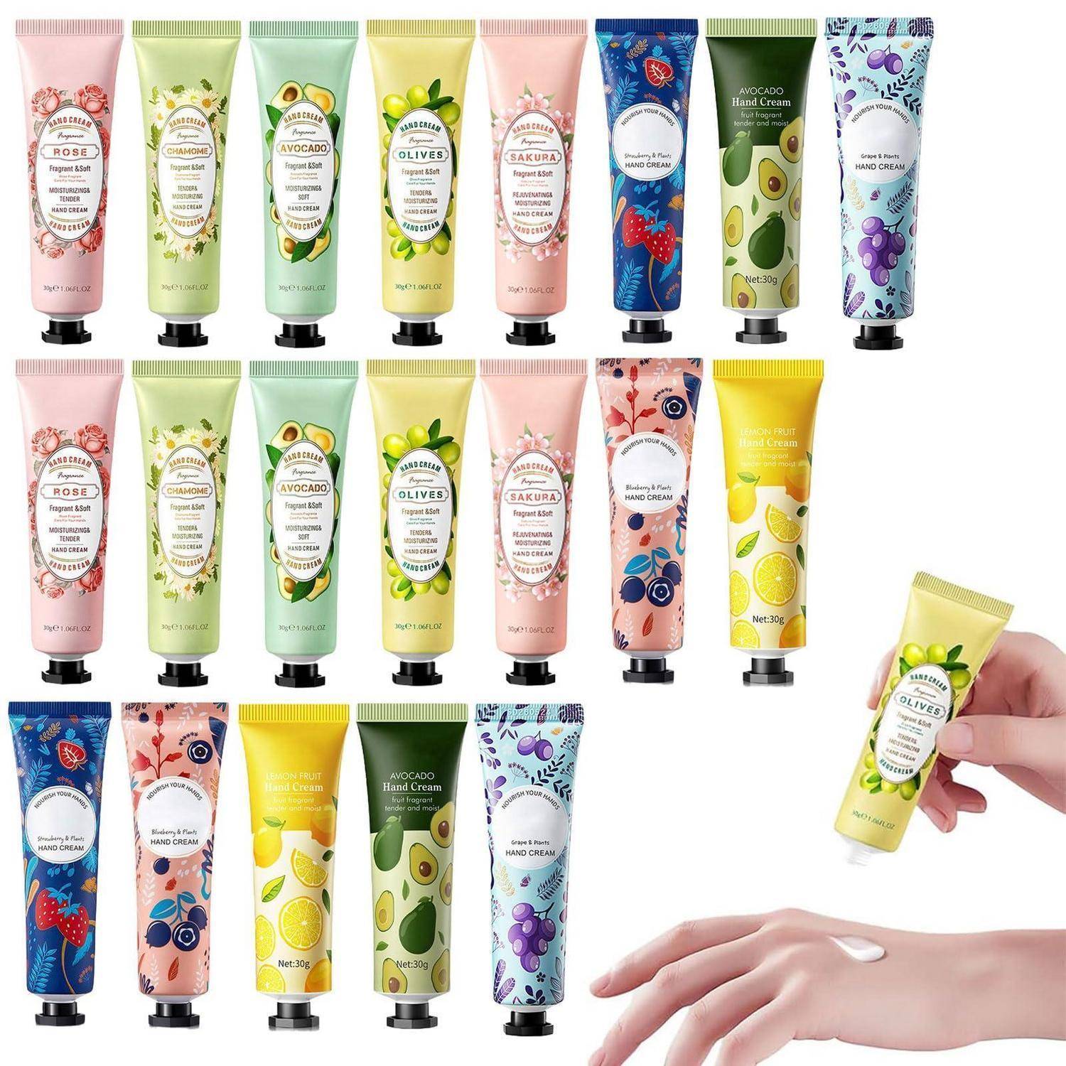 Sortierte Handcreme-Tuben in floralen und Fruchtdesigns, gezeigt in mehreren Düften, plus eine Hand, die Creme aus einer gelben Tube aufträgt.