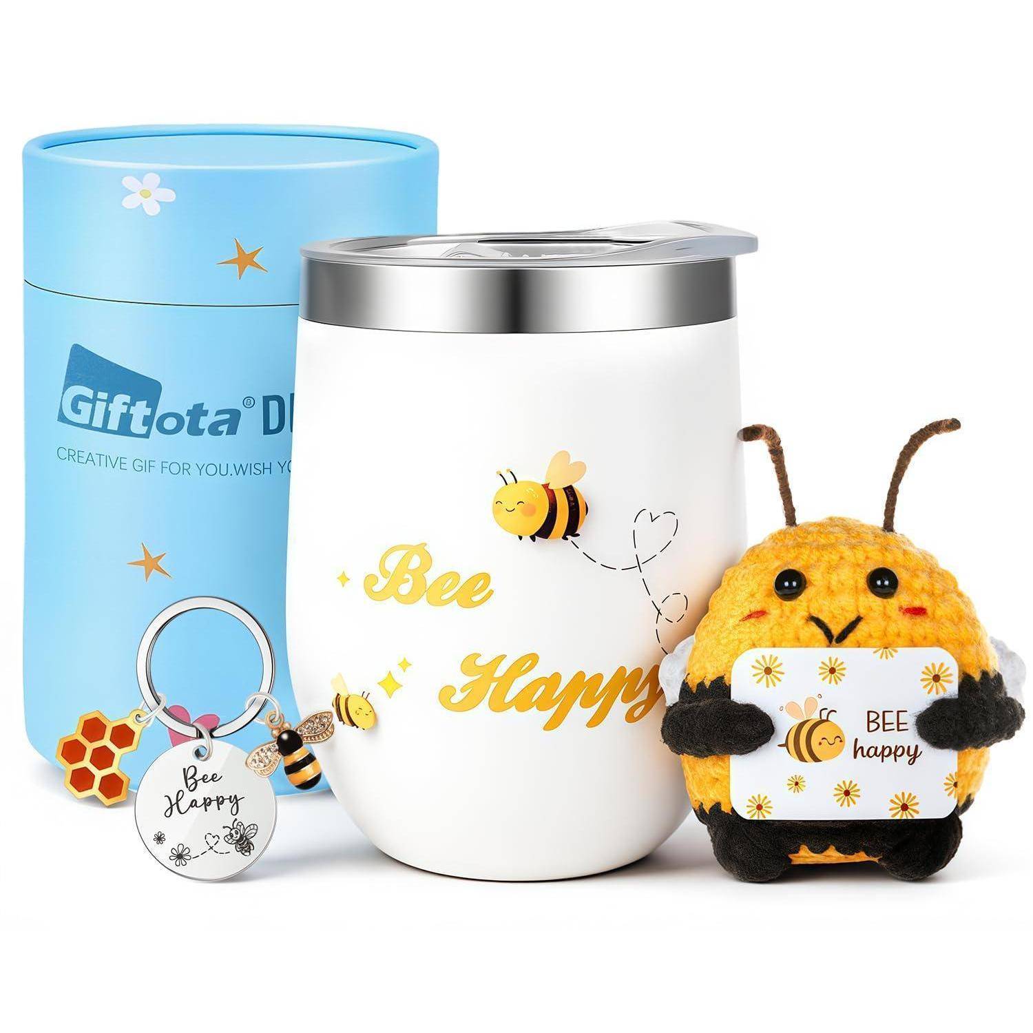 Bienen-Themed Geschenkset mit weißem isoliertem Tumbler, blauem Geschenkrohr, Schlüsselanhänger und Plüsch-Biene mit einer „BEE happy