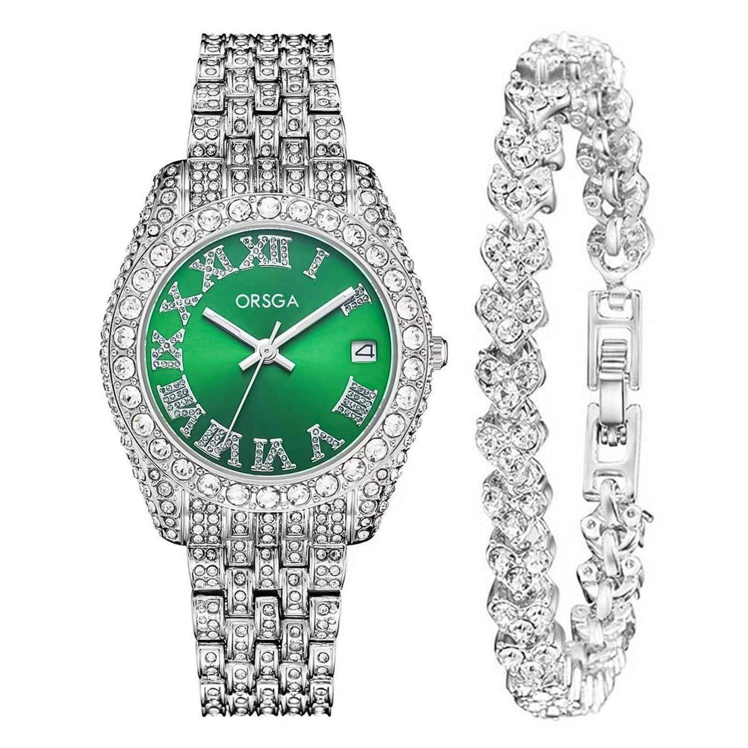 Silberne Armbanduhr mit Schmucksteinen und grünem Zifferblatt sowie römischen Ziffern, dargestellt in Front- und Seitenansicht mit passendem Diamant-Design-Armband.
