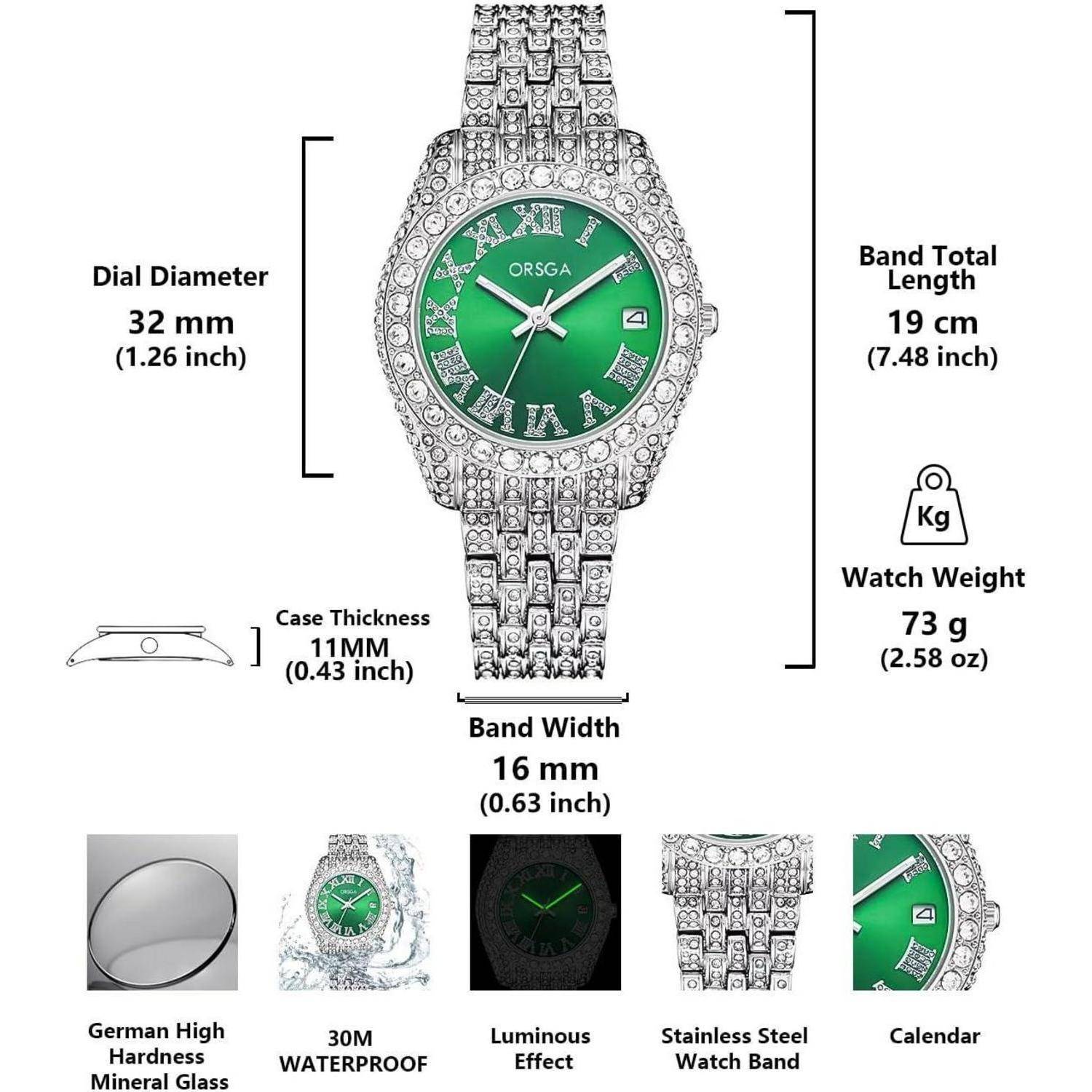 Produktdiagramm einer geschliffenen Silberuhr mit grünem Zifferblatt, das Abmessungen und Funktionen zeigt: 32 mm Zifferblatt, 19 cm Armband, 11 mm Gehäuse, 16 mm Breite, 73 g, 30M wasserdicht, leuchtend, Edelstahl, Kalender.