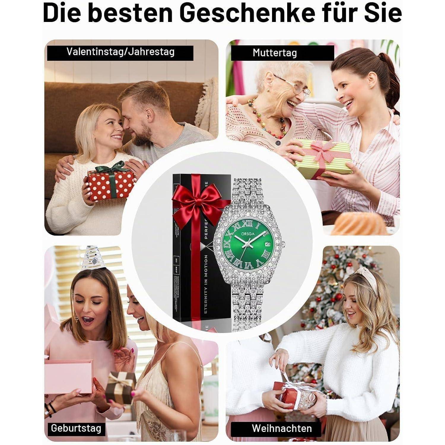 Kollageanzeige mit einem edelsteinbesetzten Armbanduhr-Geschenk zum Valentinstag, Muttertag, Geburtstag und Weihnachten, mit Frauen, die Geschenke erhalten.