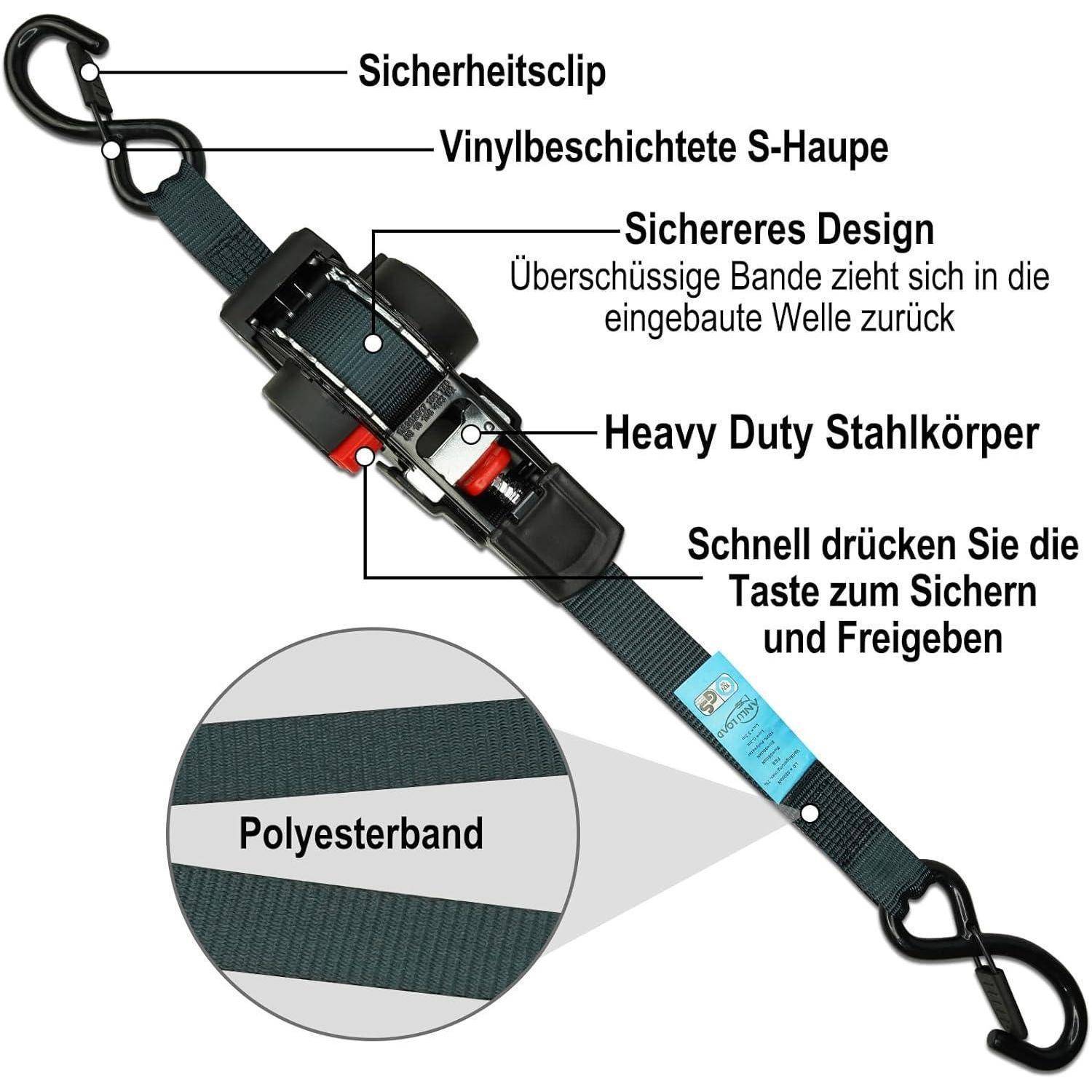 ENJ 2-Pack Automatik Spanngurt (2.5 cm x 3.5 m),Retractable Ratchet Strap,Ratschenbindegurt für Motorräder, Boote, Atvs, Utvs. W.L.L:317 kg/B.S:952