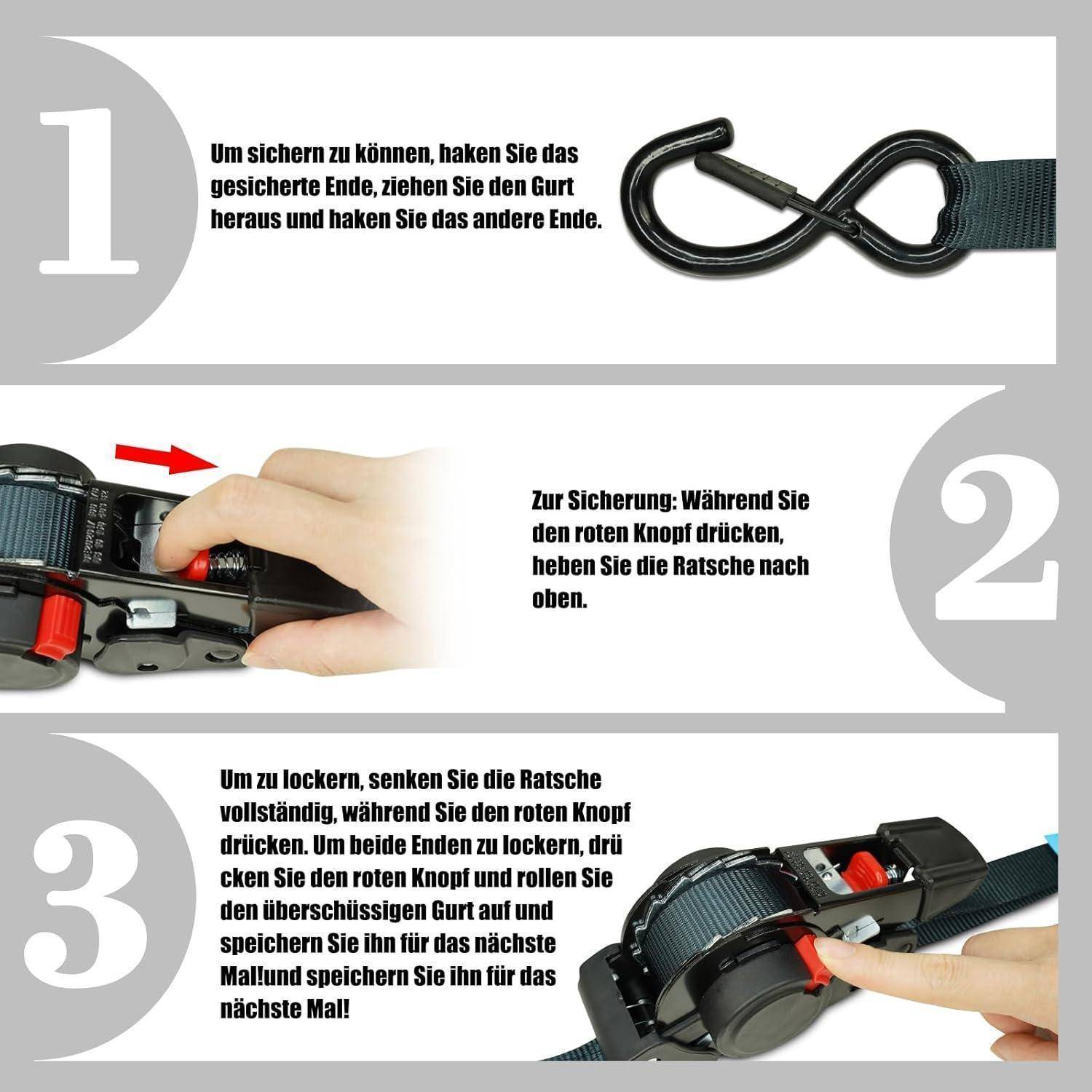 ENJ 2-Pack Automatik Spanngurt (2.5 cm x 3.5 m),Retractable Ratchet Strap,Ratschenbindegurt für Motorräder, Boote, Atvs, Utvs. W.L.L:317 kg/B.S:952