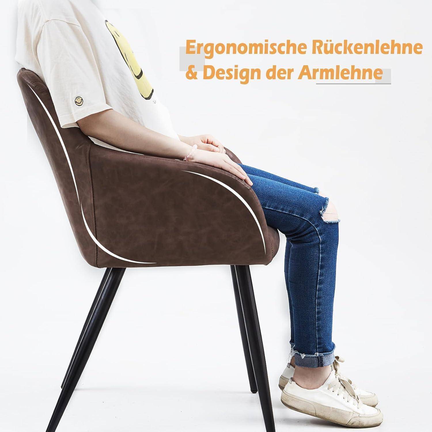 Seitenansicht einer Person, die auf einem braunen ergonomischen Stuhl sitzt, zeigt das gebogene Rückenlehnen- und Armlehnendesign; der Text lautet „Ergonomische Rückenlehne & Design der Armlehne
