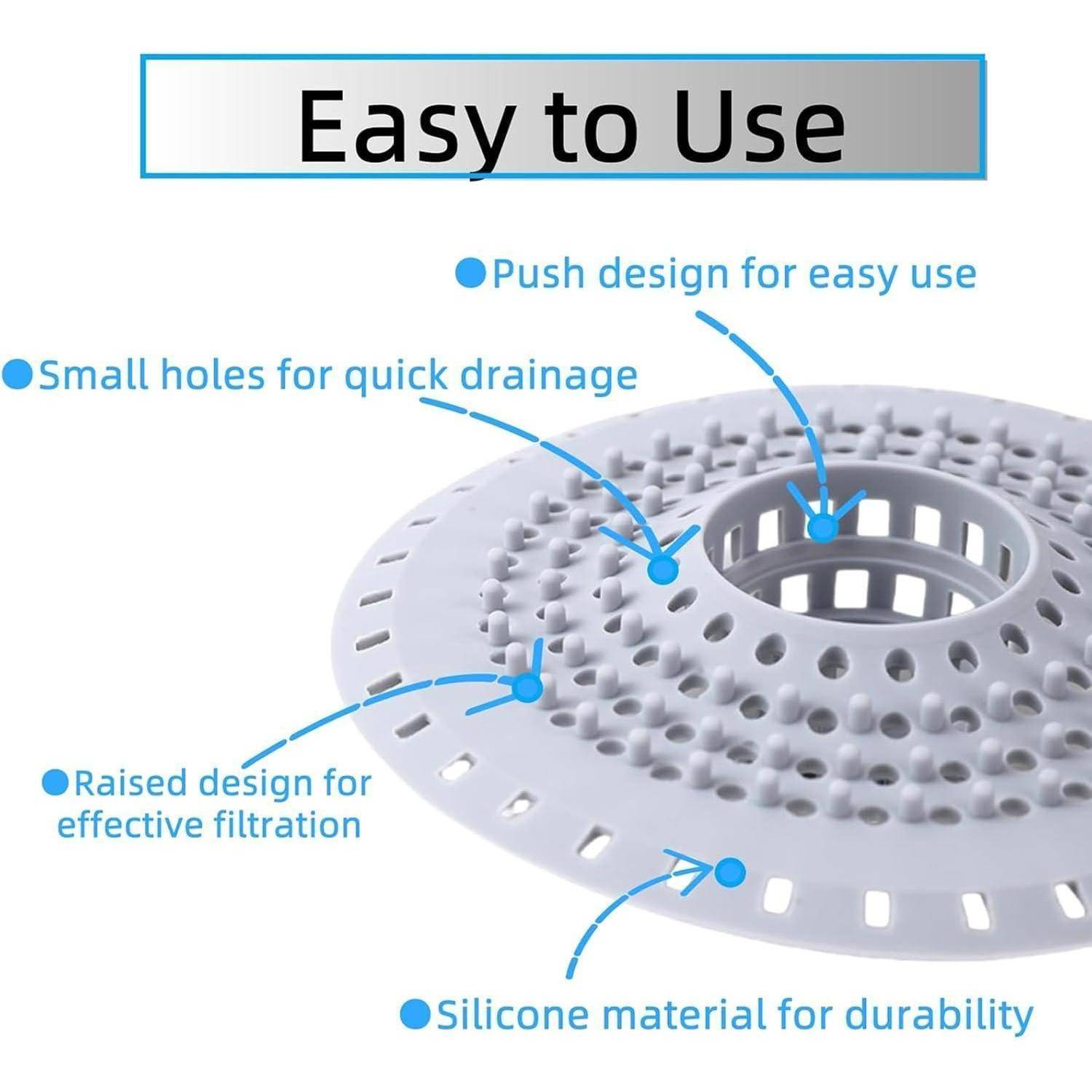 Illustration eines Silikon-Ablaufsieb mit gekennzeichneten Funktionen: benutzerfreundliches Druckdesign, kleine Entwässerungslöcher, erhöhte Filtrationsoberfläche und strapazierfähiges Silikonmaterial.