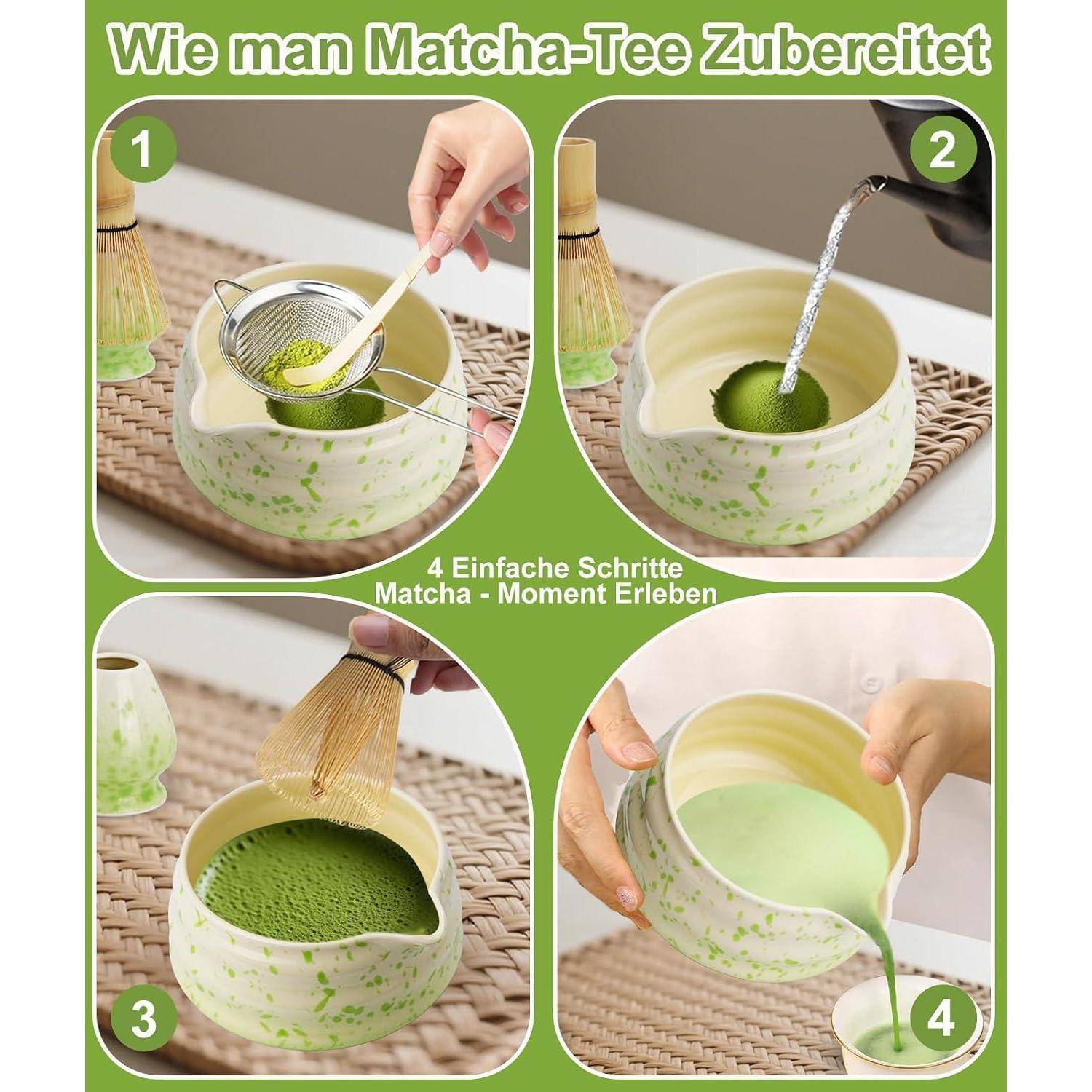 Infografik mit dem Titel „Wie man Matcha-Tee Zubereitet