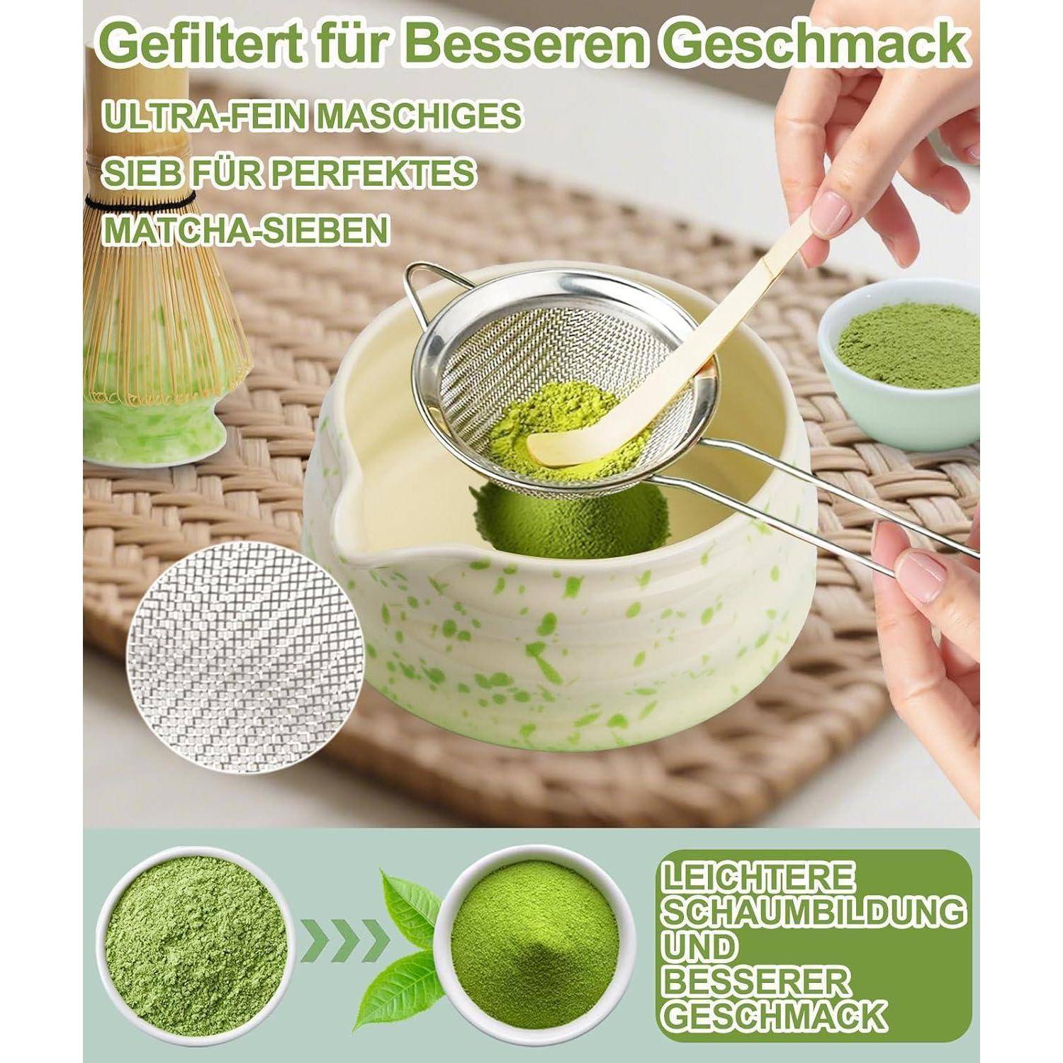 JBER Matcha Besen Set, Keramik Matcha Set 7 Teiliges für Matcha-Liebhaber | Handgefertigter Bambus Besen mit 100 Zinken, Schale mit Auslauf