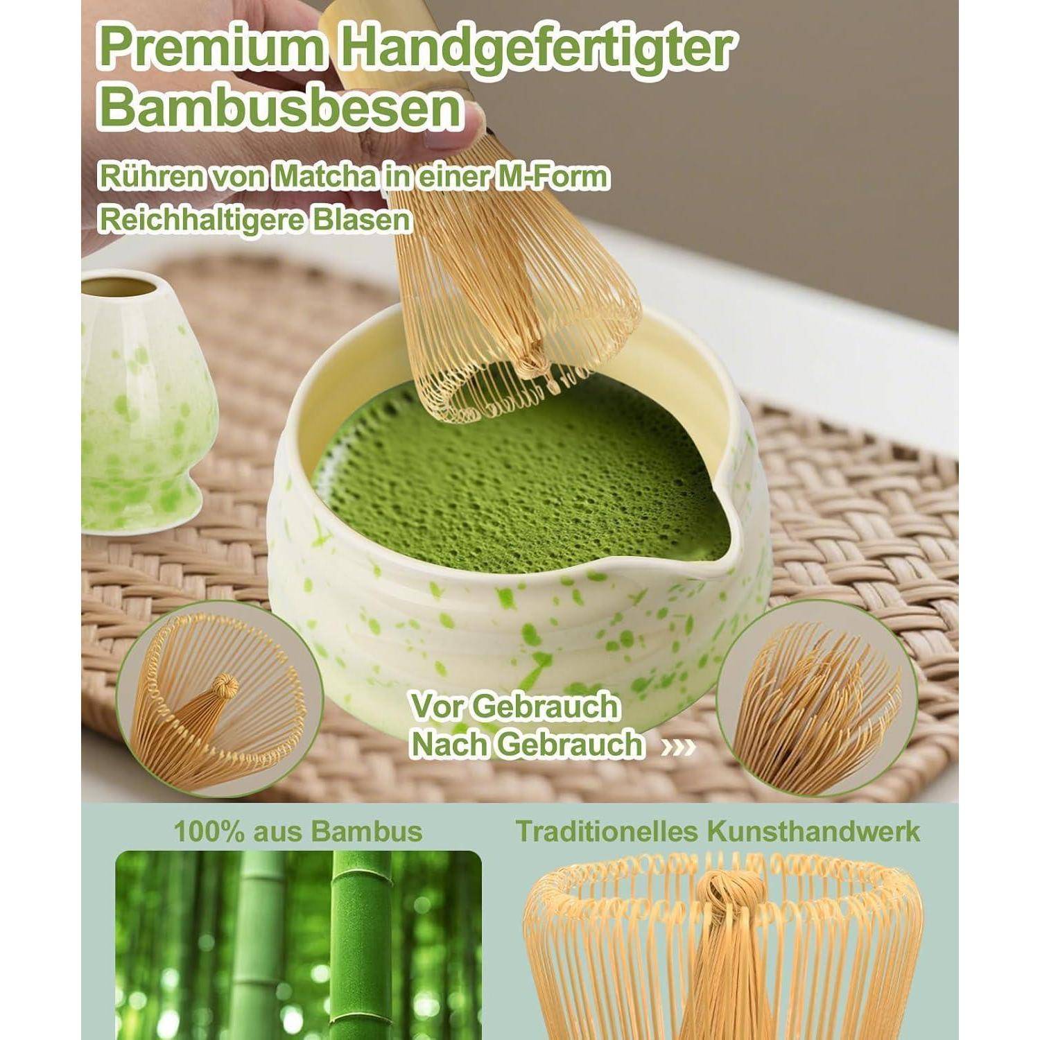 Werbebild für einen handgefertigten Bambus-Matcha-Quirl, das zeigt, wie er grünen Tee in einer Schale aufschäumt, sowie Nahaufnahmen der Bambuskonstruktion und Vorher-/Nachher-Aufnahmen der Verwendung.