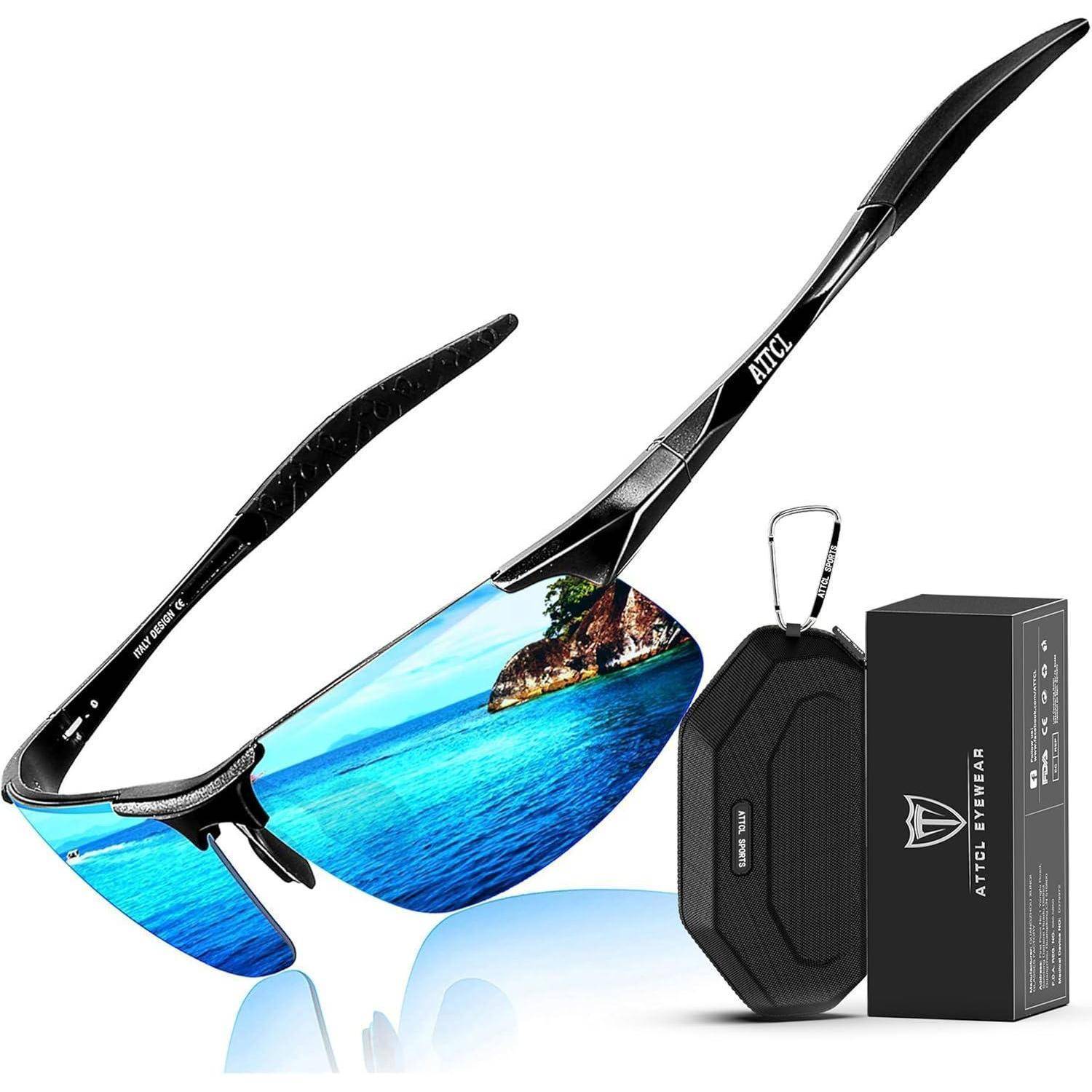 Schwarze Sonnenbrille mit Wraparound-Design und verspiegelten blauen Gläsern, gezeigt mit einem Hartschalengehäuse, Karabinerverschluss und Produktbox auf weißem Hintergrund.