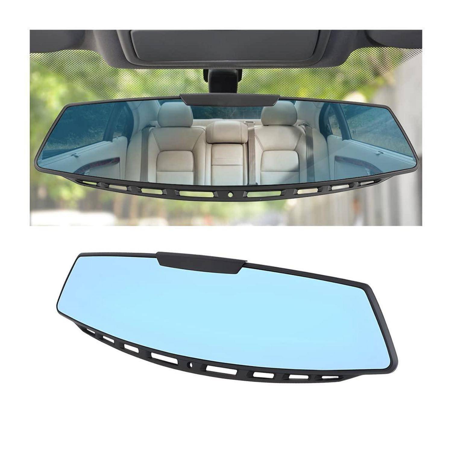 Autoinnenrückspiegel, installiert und als Produktabbildung dargestellt, mit breiter blaugetönter reflektierender Oberfläche und schwarzem Rahmen.