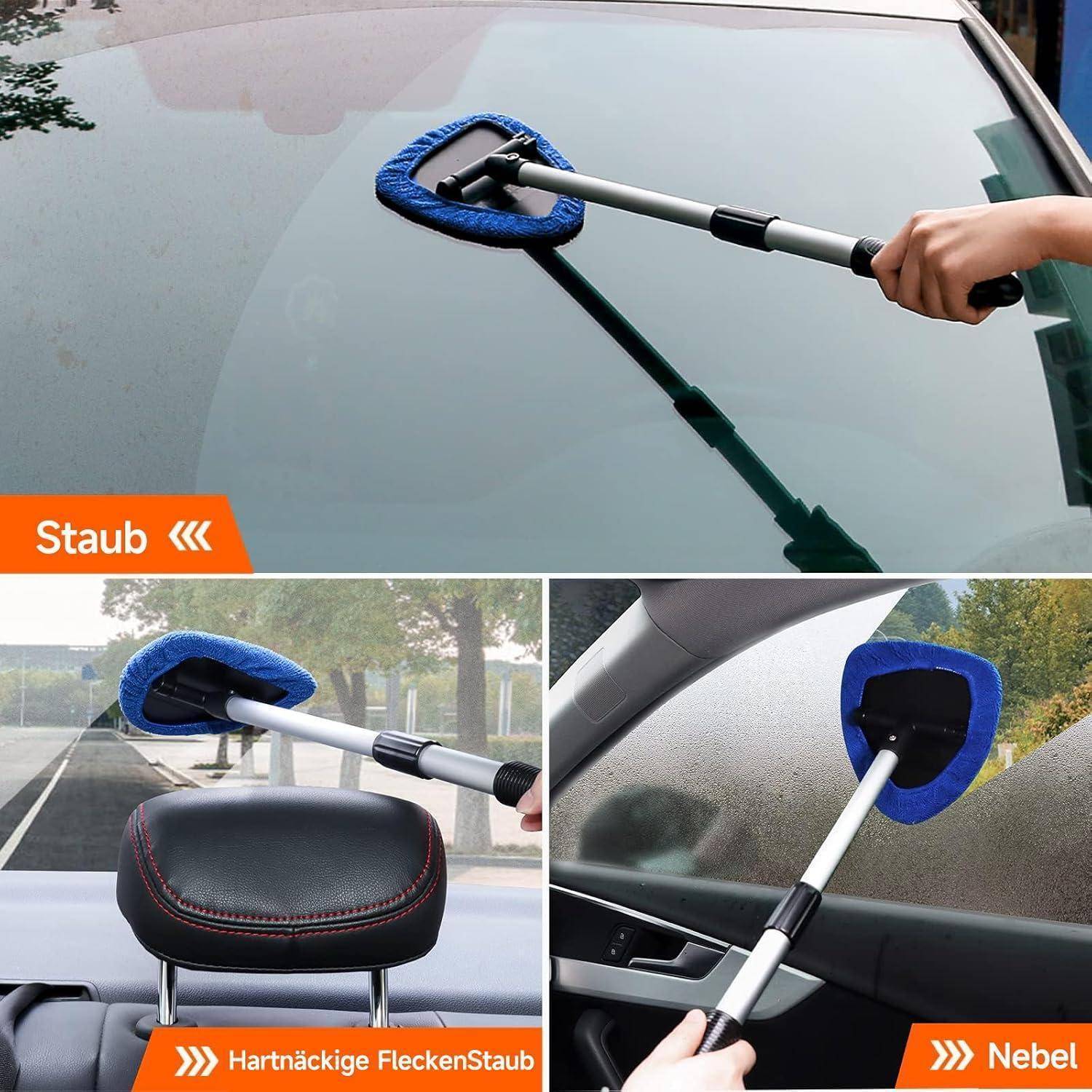 Collage, die einen blauen Mikrofaser-Autostaubwedel beim Reinigen von Windschutzscheibe und Innenflächen zeigt, mit den Beschriftungen „Staub