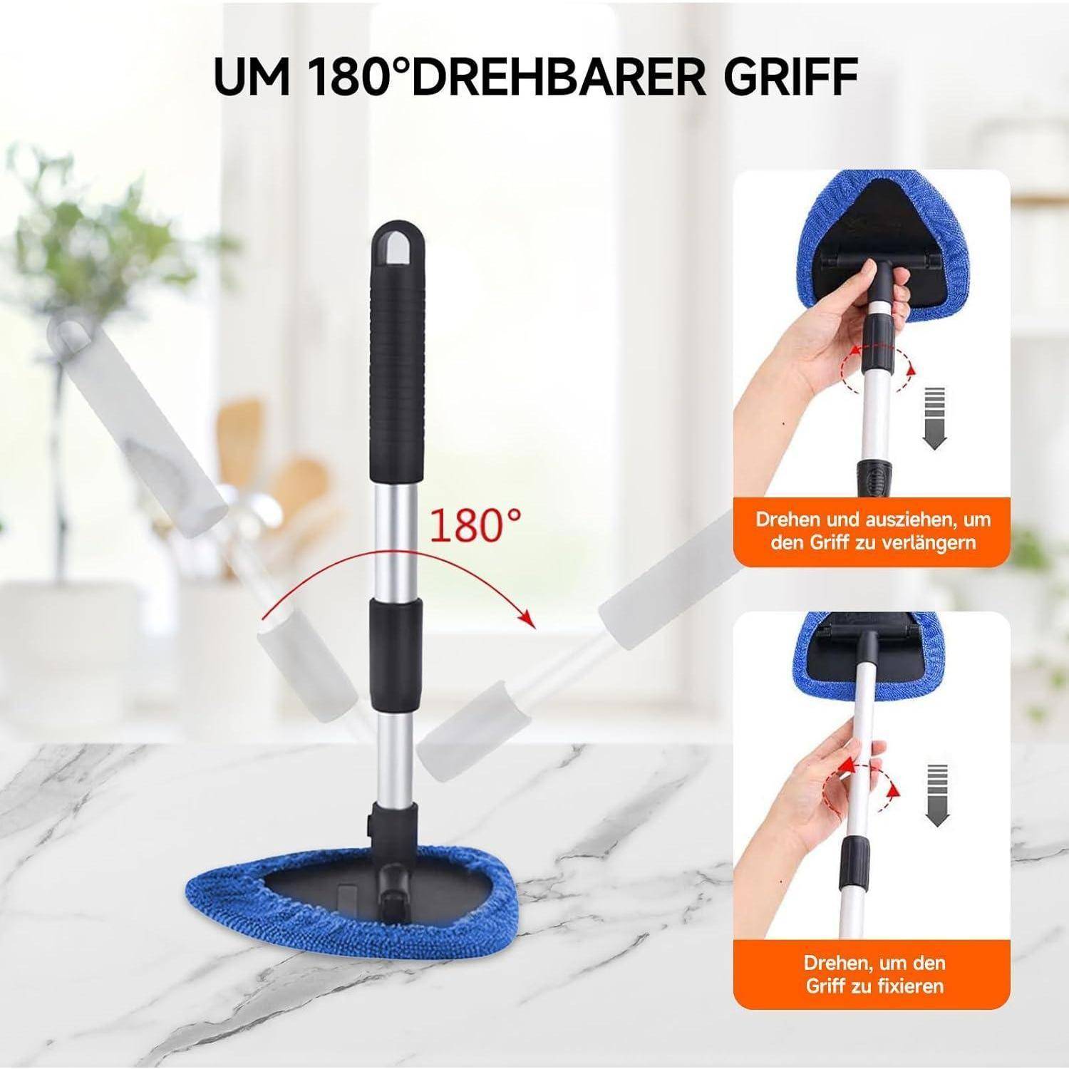 Deutschische Grafik, die einen Mopp mit einem um 180° drehbaren Griff und zwei Nahaufnahmen zeigt, die demonstrieren, wie man den Griff dreht, verlängert oder verriegelt.