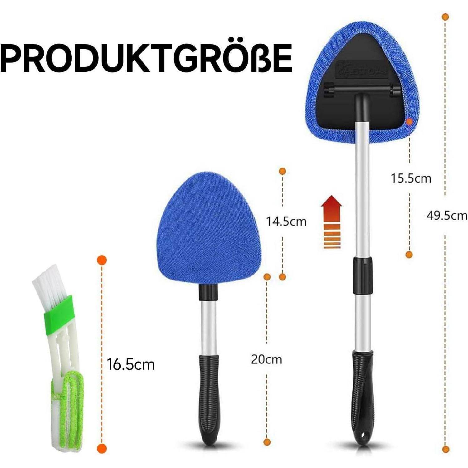 Größentabelle für ein blau-schwarzes Reinigungswerkzeug mit drei Komponenten und gekennzeichneten Abmessungen: 16,5 cm, 14,5 cm, 20 cm, 15,5 cm und 49,5 cm.