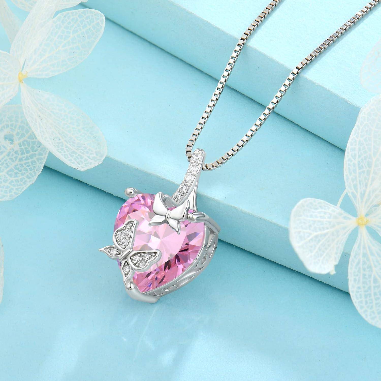 FJ Schmetterling Kette Damen 925 Sterling Silber Herz Geburtsstein Kette Anhänger Schmuck Geschenke für Frauen Mutter Freundin Mama 10 Oktober - Ros
