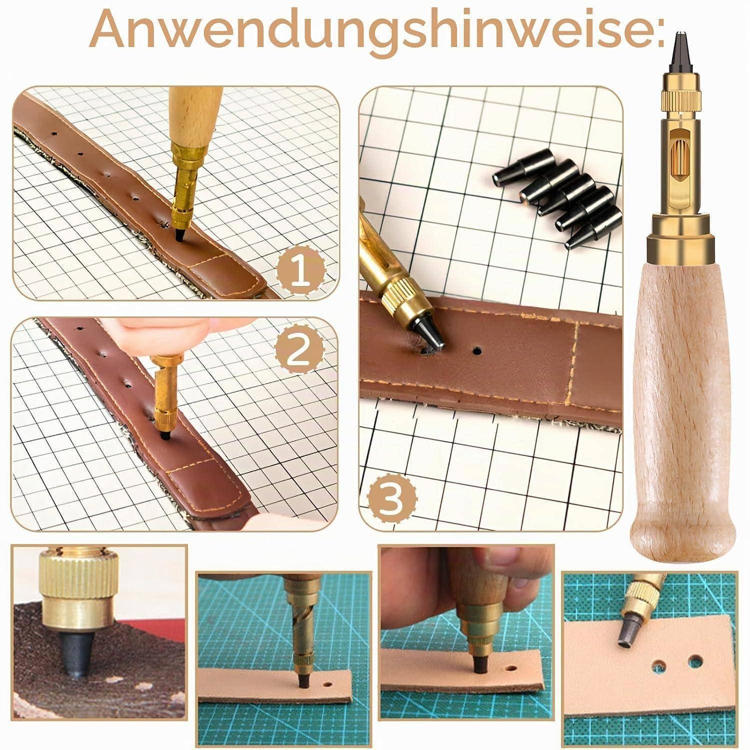 Anleitung mit Grafik eines Lederlochstanzwerkzeugs mit Holzgriff und Messingspitze sowie nummerierte Schritte zum Stanzen von Löchern in Lederriemen.