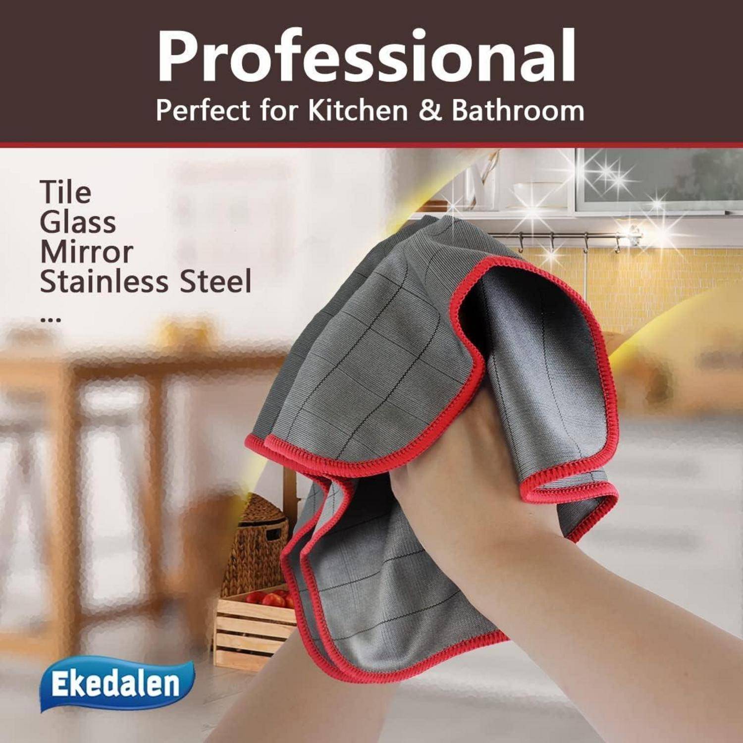 Anzeige für professionelles Reinigungstuch, „Perfekt für Küche und Bad", zeigt eine Hand, die einen Spiegel abwischt; geeignet für Fliesen, Glas, Spiegel und Edelstahl.