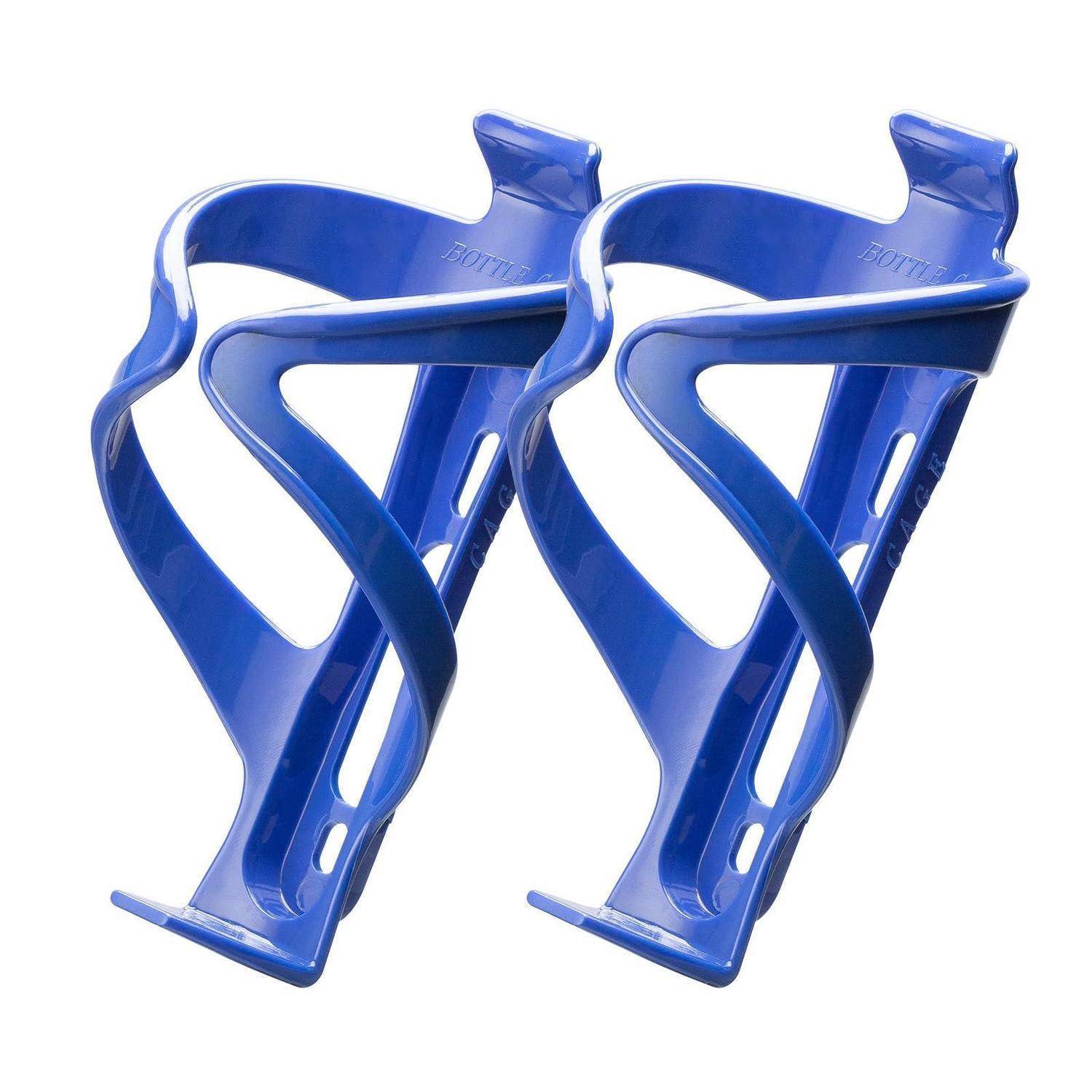 Zwei blaue Fahrrad-Wasserflaschenhalter nebeneinander auf weißem Hintergrund gezeigt.