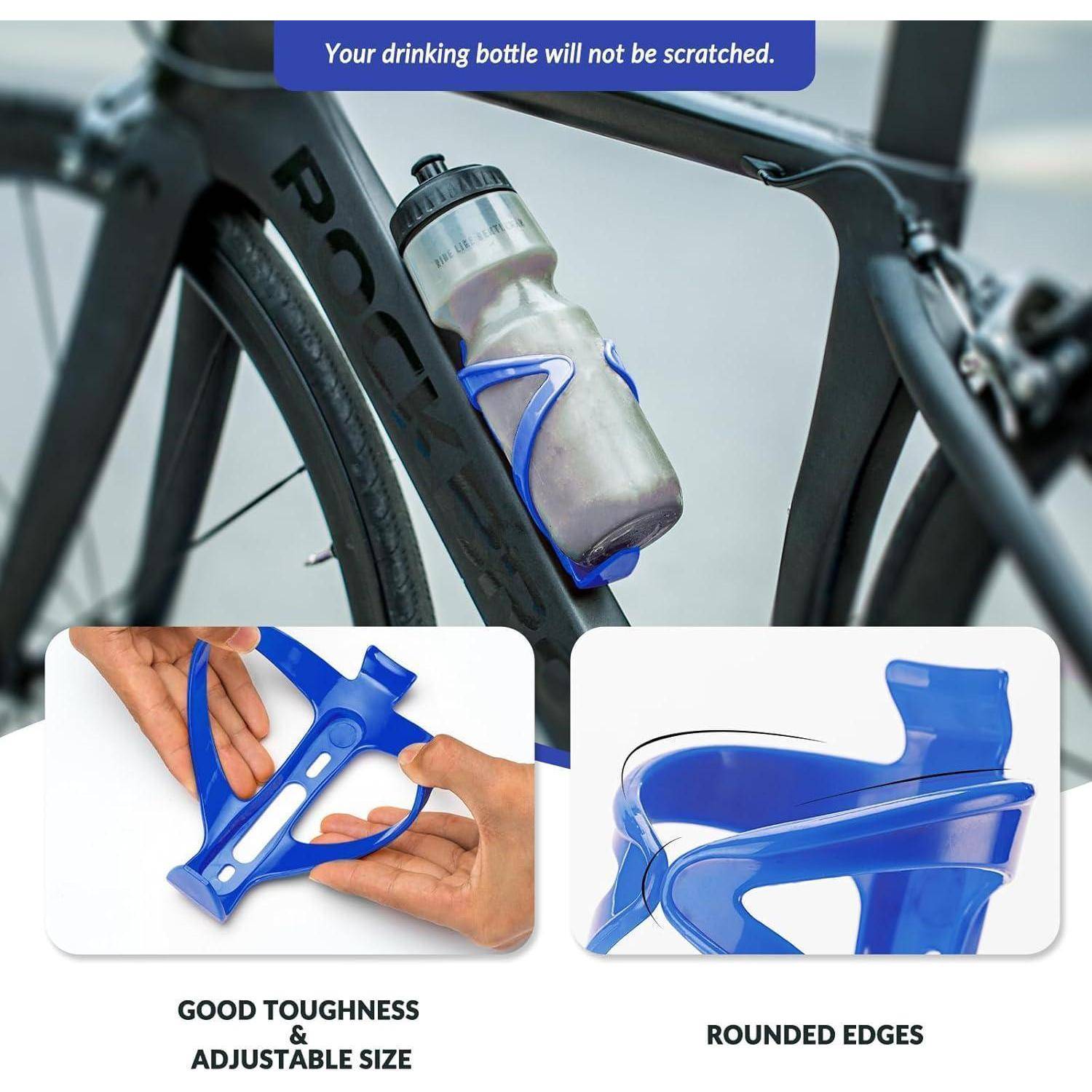Fahrradflaschenhalter mit einer Wasserflasche, die an einem Fahrradrahmen montiert ist, mit Vergrößerungen, die die einstellbare Größe des flexiblen Halters und die abgerundeten Kanten zeigen.