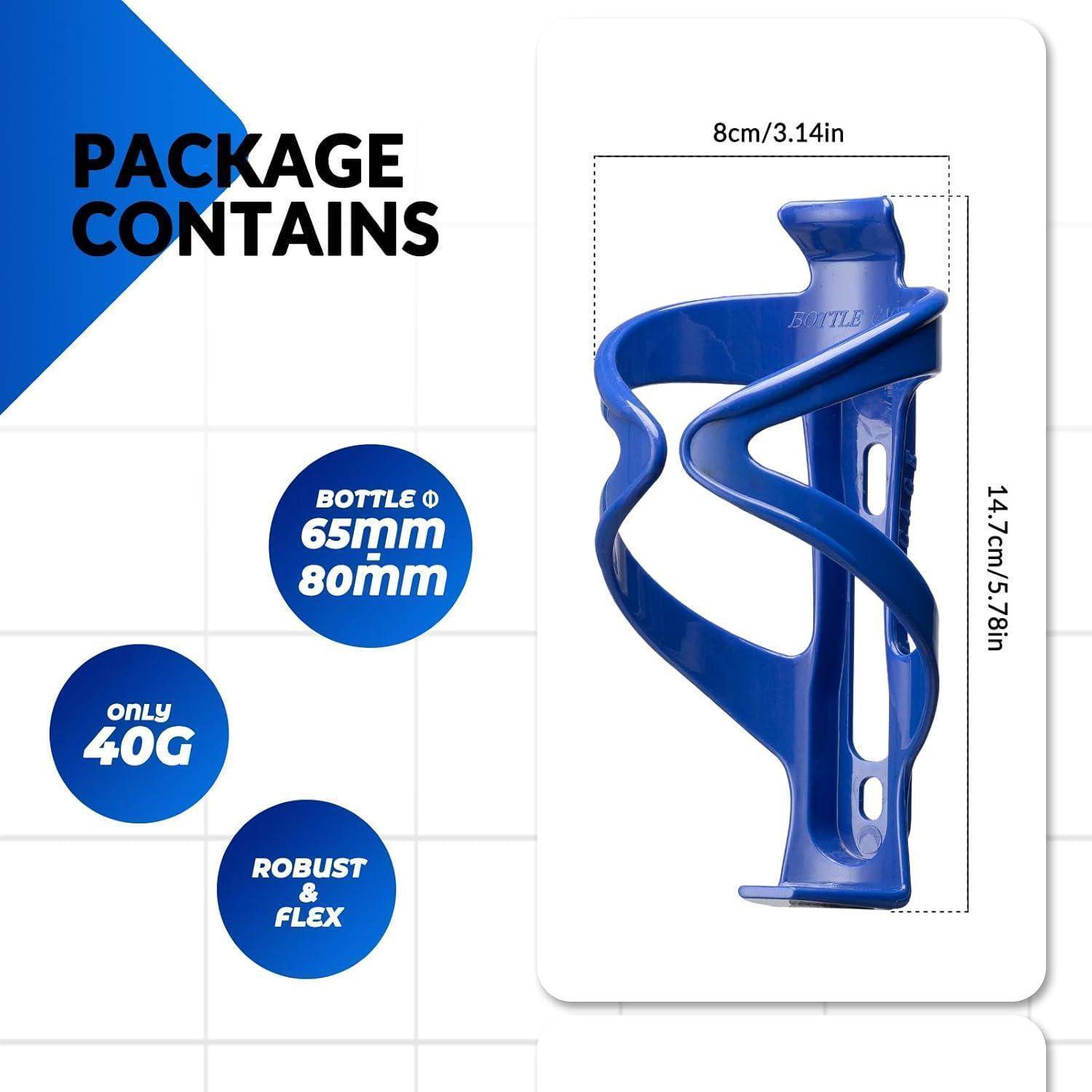 Produktgrafik zeigt einen blauen flexiblen Flaschenhalter; Packung enthält 1 Halter, passt für 65mm/80mm Flaschen, wiegt 40g, Abmessungen 8cm x 14,7cm.