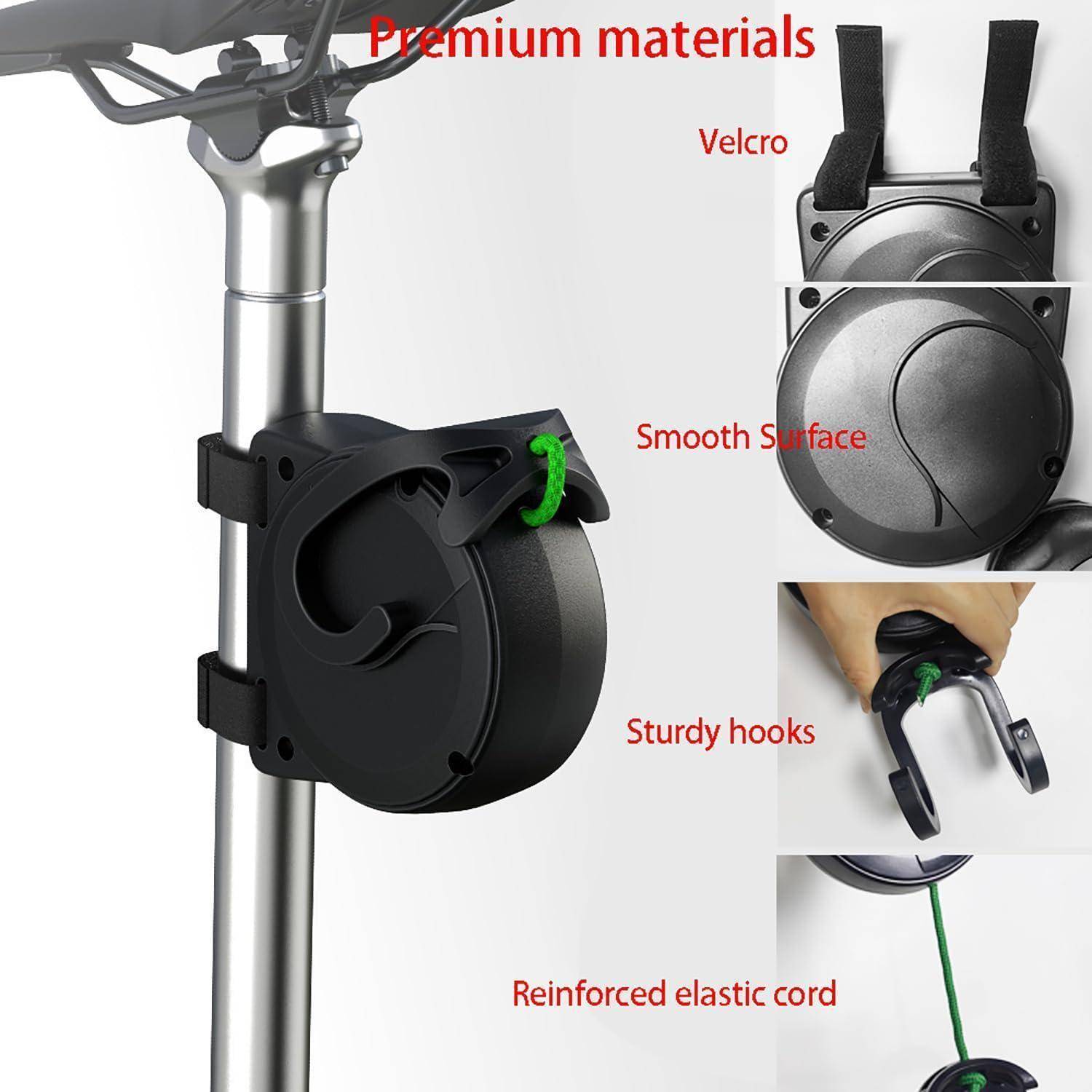 Werbegrafik eines Scooter-Getränkehalters mit verstellbaren Klettverschluss-Riemen, glatter Oberfläche, stabilen Haken und verstärktem elastischem Seil; eingefügte Nahaufnahmen zeigen Materialien und Befestigung.