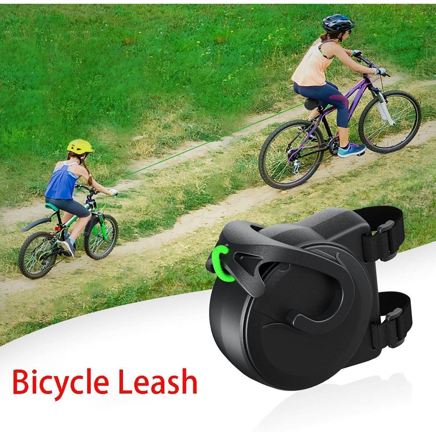Werbebild von zwei Kindern auf Fahrrädern, die durch ein Leinengerät verbunden sind, mit der Bezeichnung „Bicycle Leash