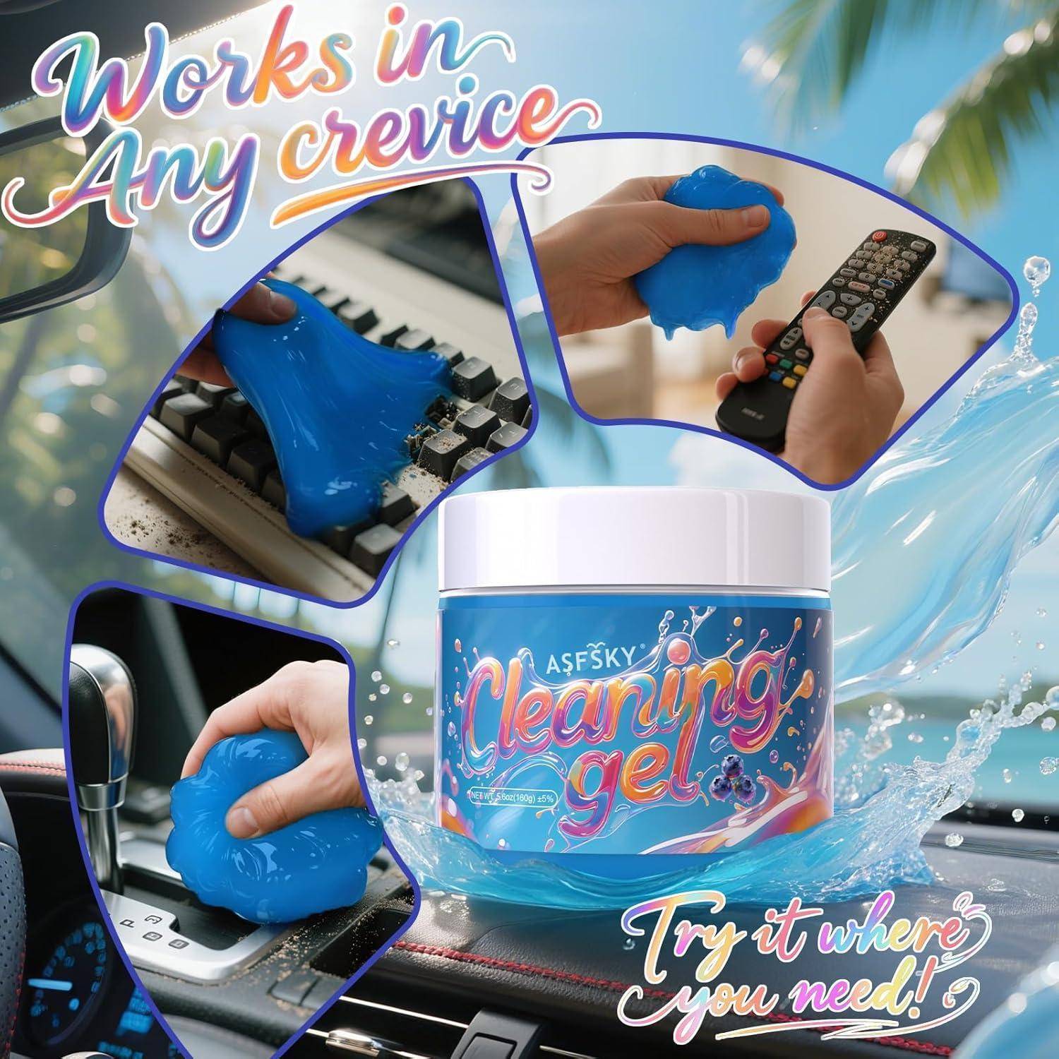 Werbung für Reinigungsgel in einem Glas, das Tastaturen, Fernbedienungen und Autoinnenräume reinigt, mit dem Text „Funktioniert in jeder Spalte