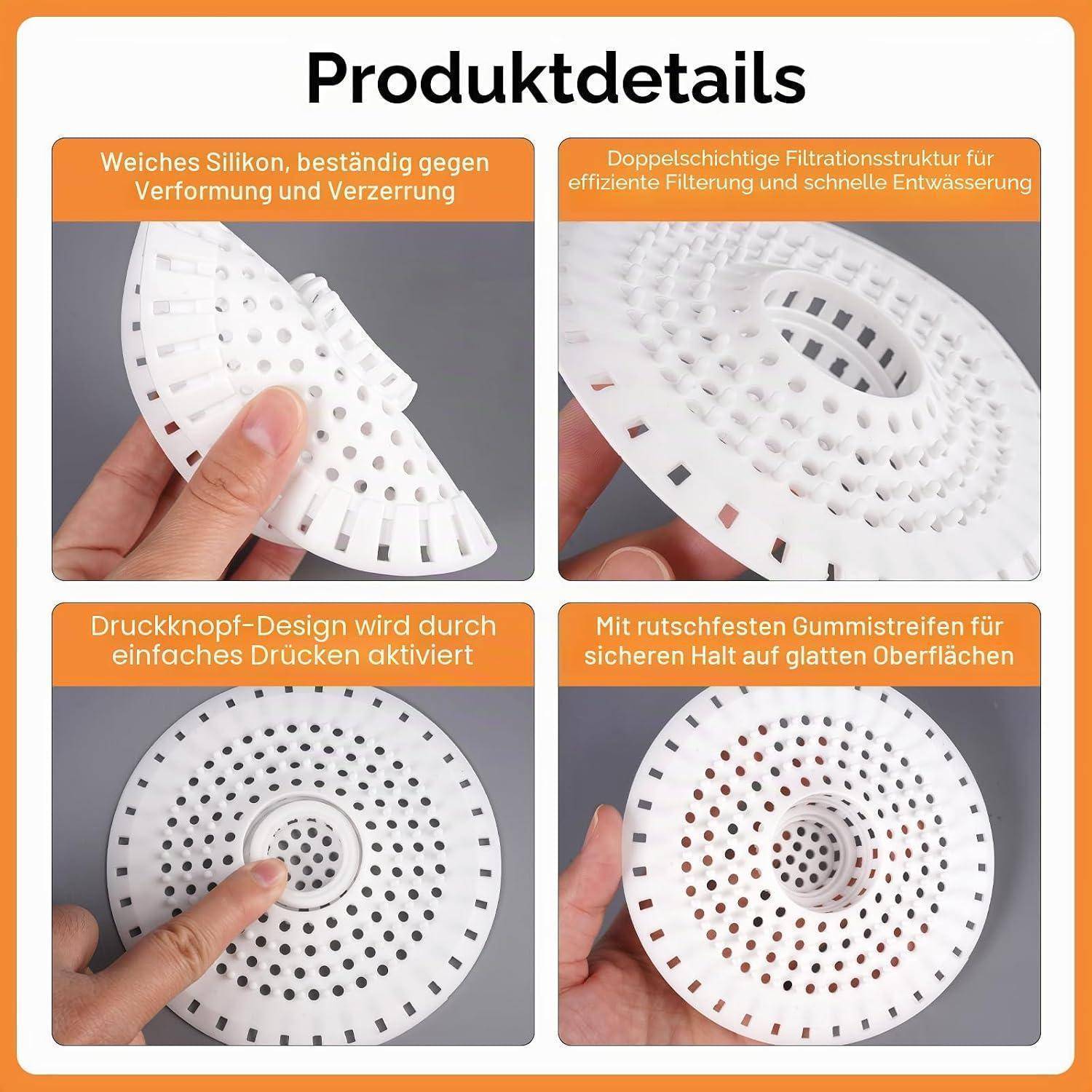 Produktdetails-Infografik mit weißer Silikon-Abflussabdeckung mit vier Nahaufnahmen, die flexibles Material, duale Filtration, Druckknopfaktivierung und rutschfeste Griffigkeit hervorheben.