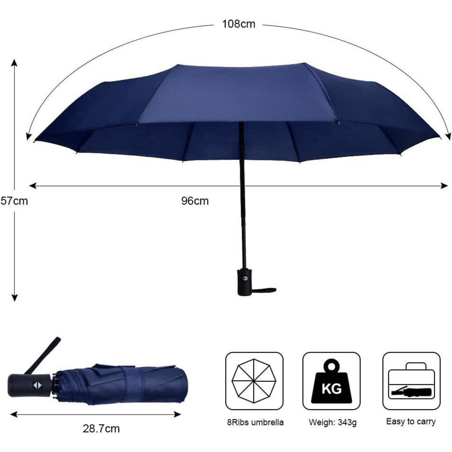 Zusammengeklappter und offener blauer Regenschirm mit beschrifteten Abmessungen: 108 cm breit, 57 cm hoch, 96 cm Spannweite des Schirmdachs; zusammengeklappt 28,7 cm lang, Gewicht 343 g, 8 Rippen, leicht zu tragen.