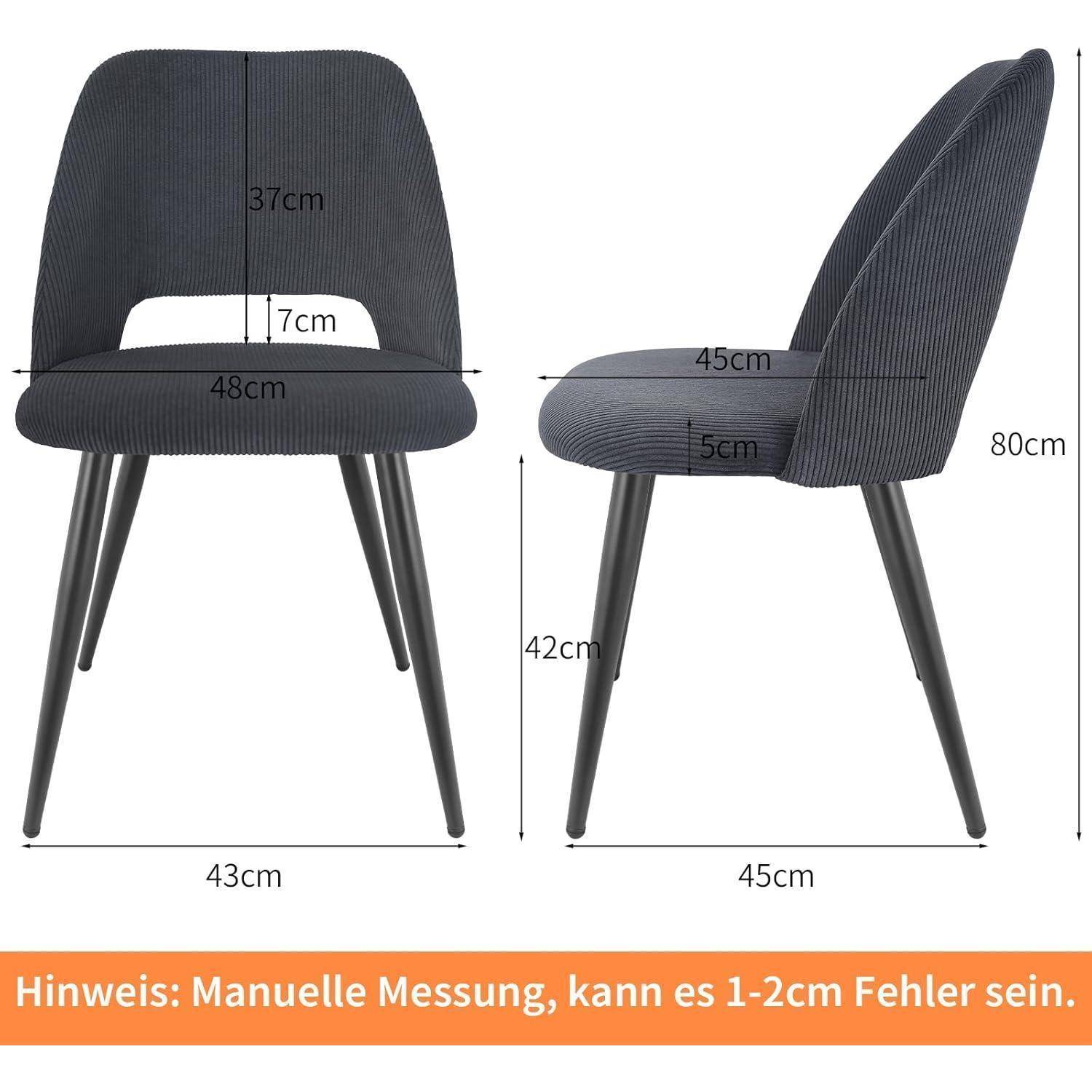 Schwarzer gepolsterter Stuhl mit Front- und Seitenansicht und Abmessungen: 80 cm hoch, 48 cm breit, 45 cm tief, 42 cm Sitzhöhe; Hinweis besagt, dass manuelle Messungen um 1-2 cm abweichen können.