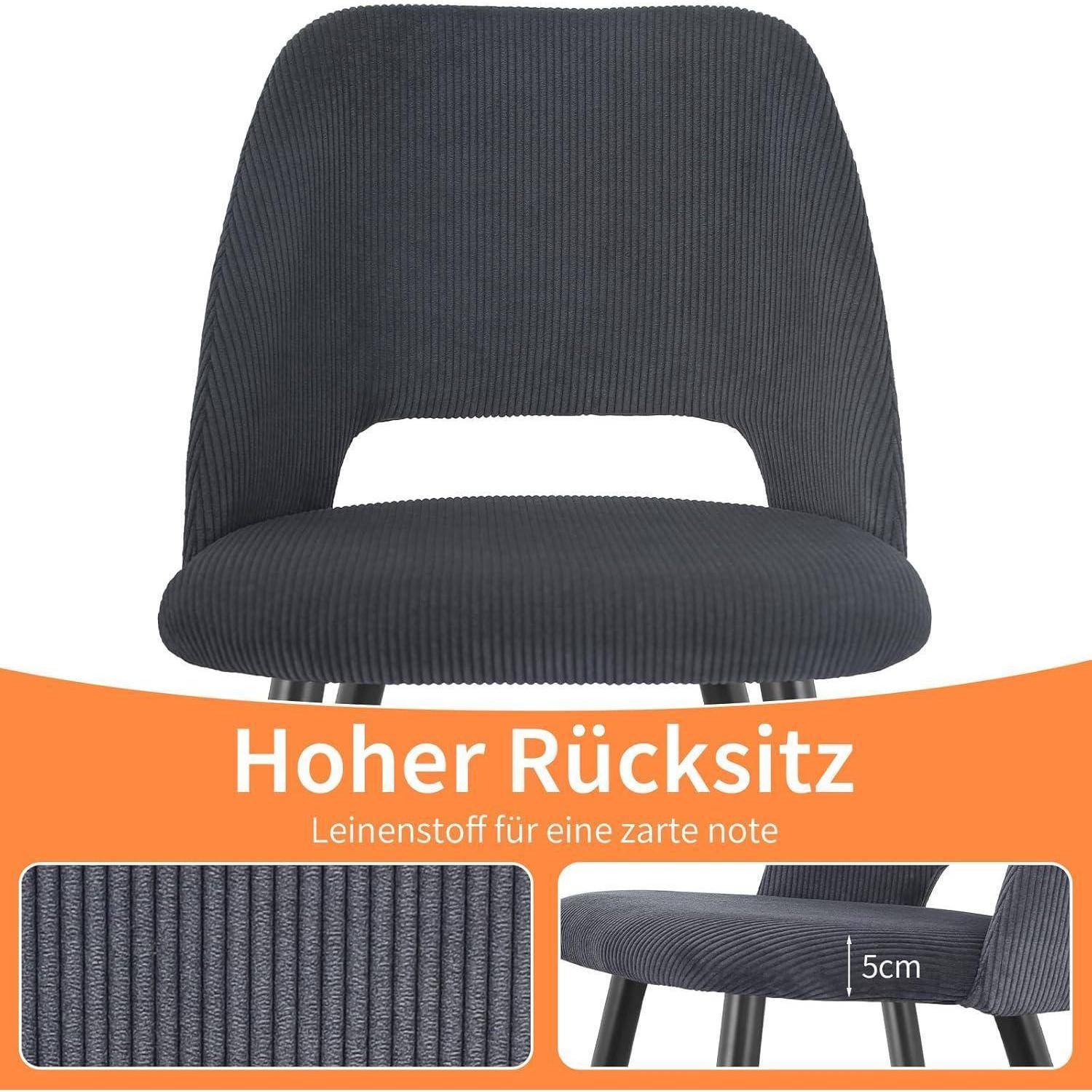 Dunkelgrauer gepolsterter Stuhl mit hoher Rückenlehne; der Anzeigentext lautet "Hoher Rücksitz"" und ""Leinenstoff für eine zarte Note"", mit einem 5-cm-Kissendetail im Einschub.