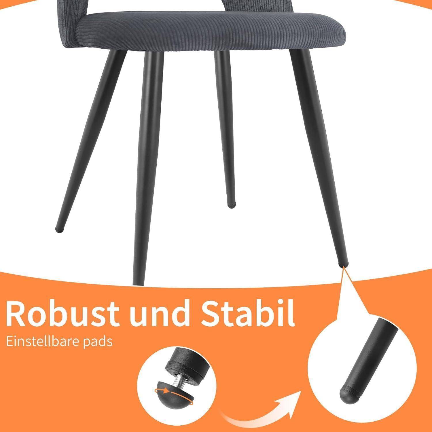 Schwarzer Stuhl mit verstellbaren Füßen; oranges Banner liest „Robust und Stabil" und „Einstellbare Pads"", mit eingefügten Nahaufnahmen, die ein Fußverstellungsfeature zeigen.