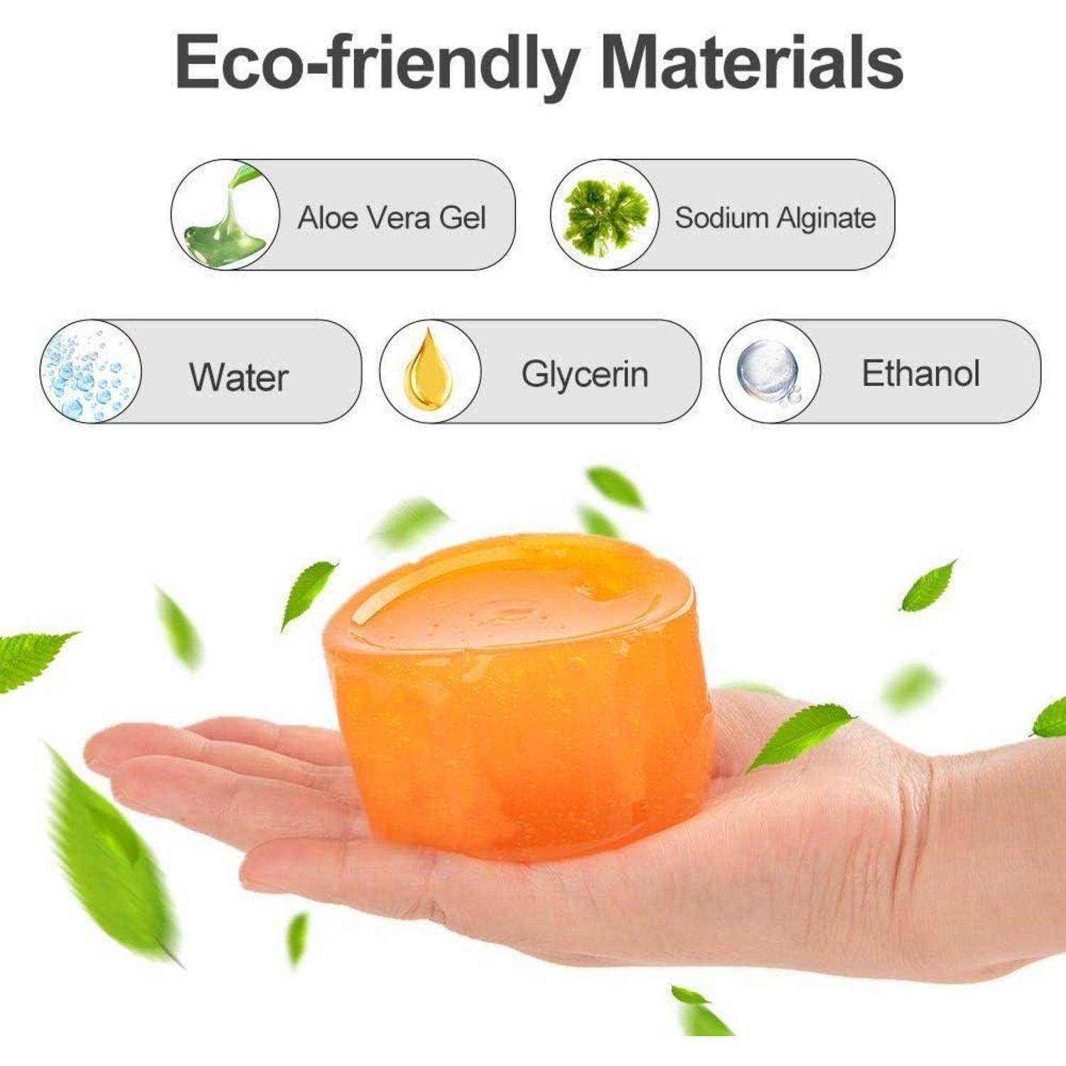 Diagramm umweltfreundlicher Materialien mit Aloe-Vera-Gel, Natriumalginat, Wasser, Glyzerin und Ethanol über einer Hand, die einen orangefarbenen Gelwürfel mit Blättern hält.