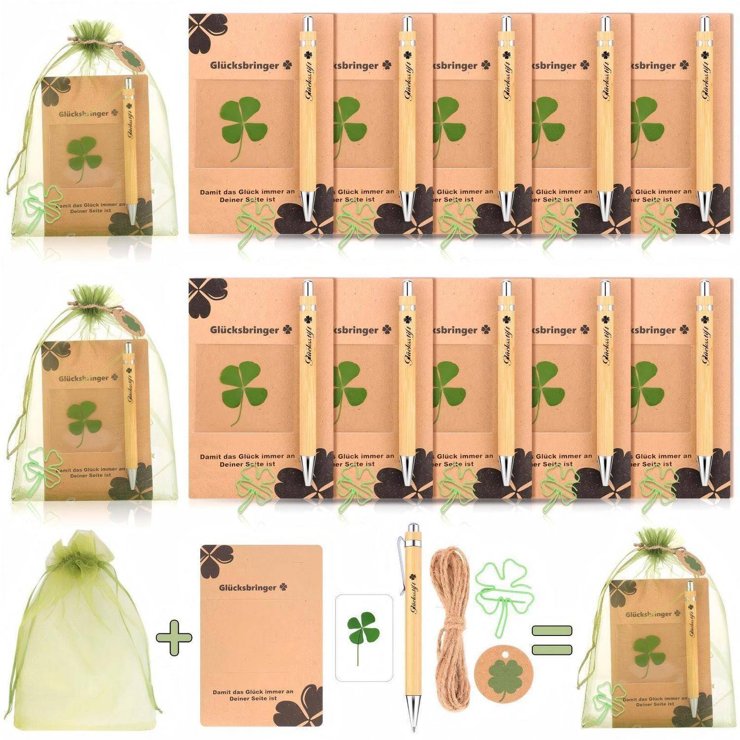 Werbe-Collage eines Glücksklee-Geschenksets: Ein verpackter Stift und ein Notizbuch, zusammen mit Geschenktüte, Karte, Kleeblatt-Zubehör, Schnur und als Geschenkbox zusammengestellt.